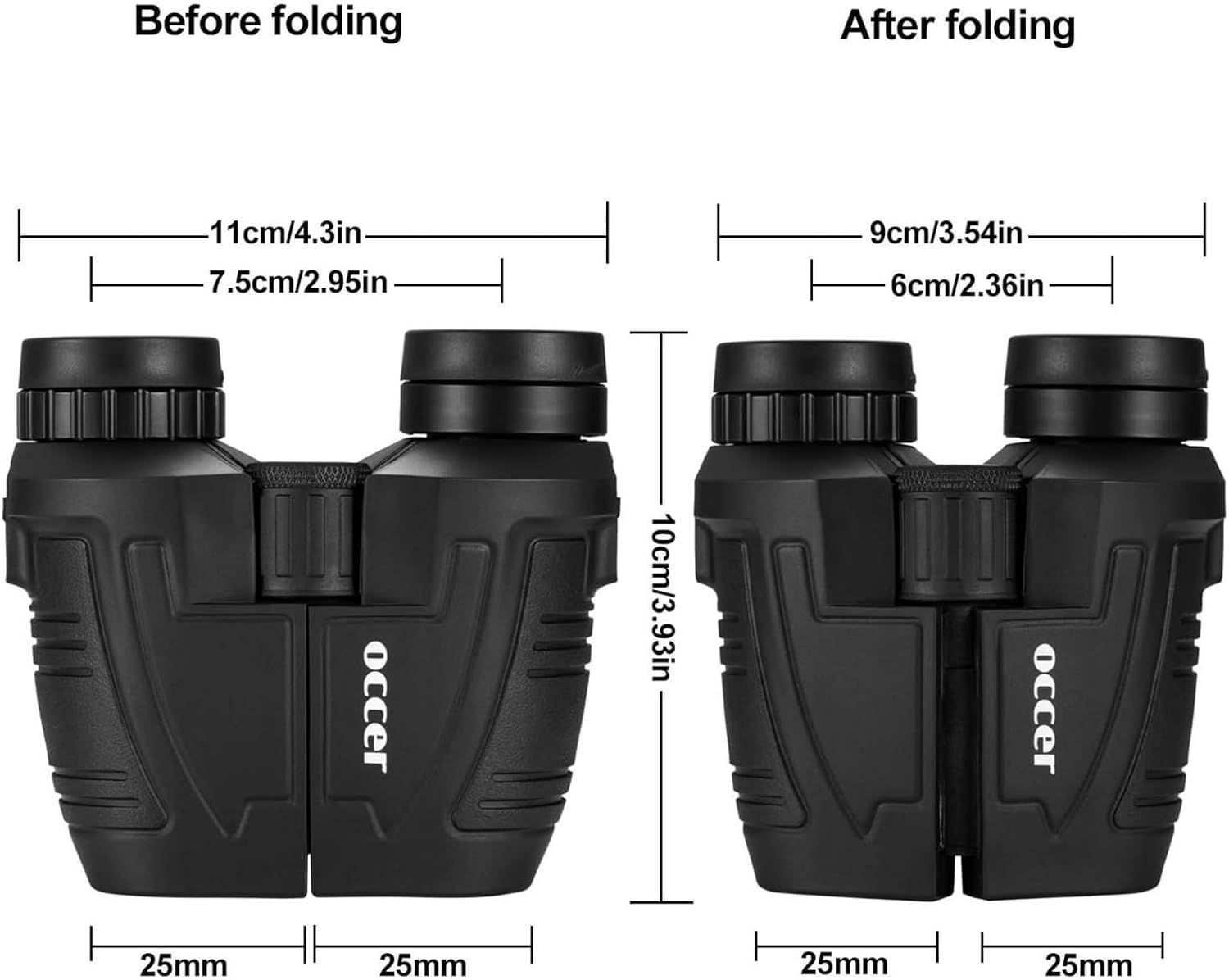 Demonstrates the binoculars compact folding capability and provides exact physical dimensions before and after folding to show portability and space-saving design.