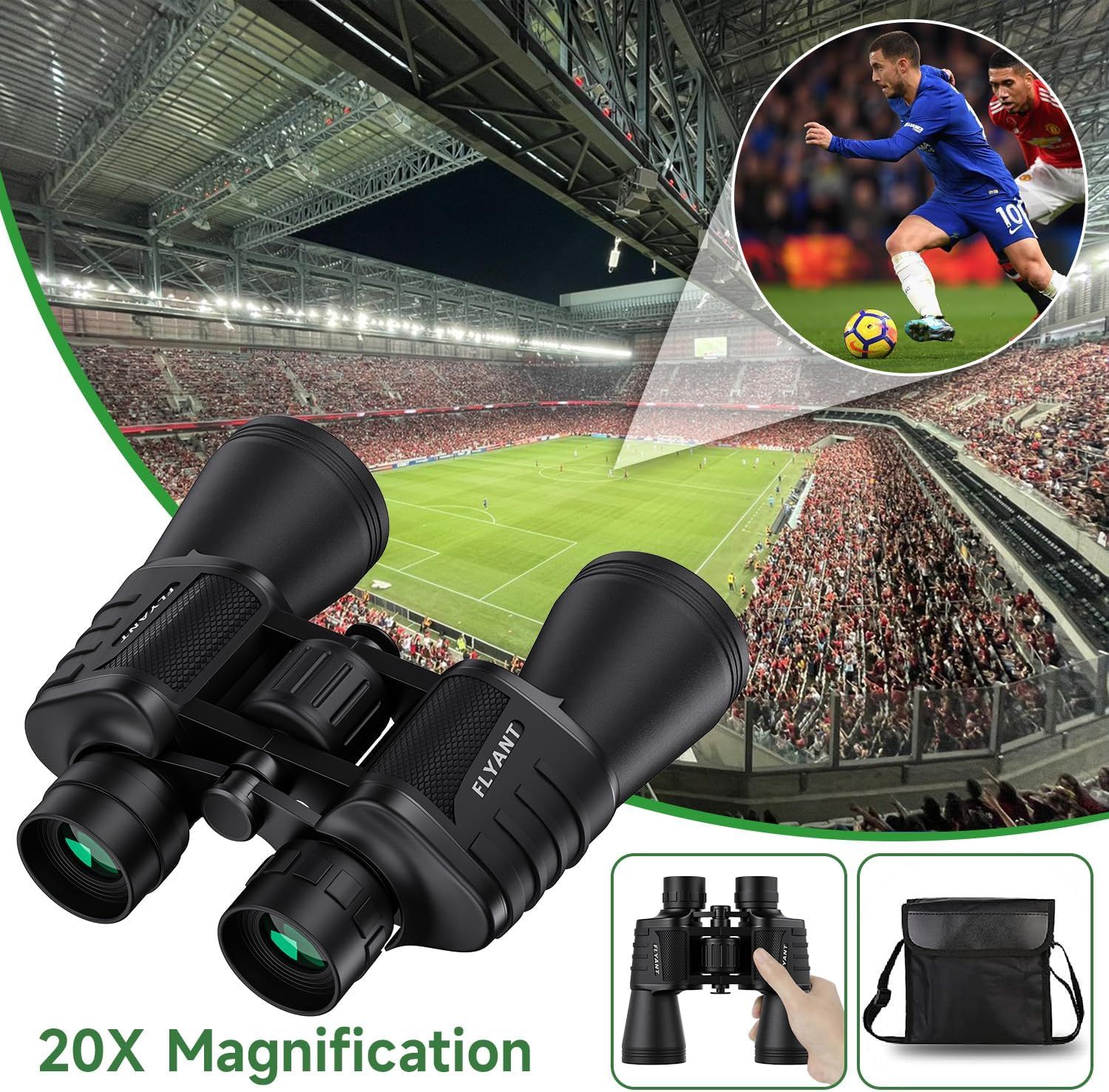 Demonstrates the binoculars powerful magnification for sports viewing and highlights the complete package with carrying case to reassure shoppers of its value and convenience.