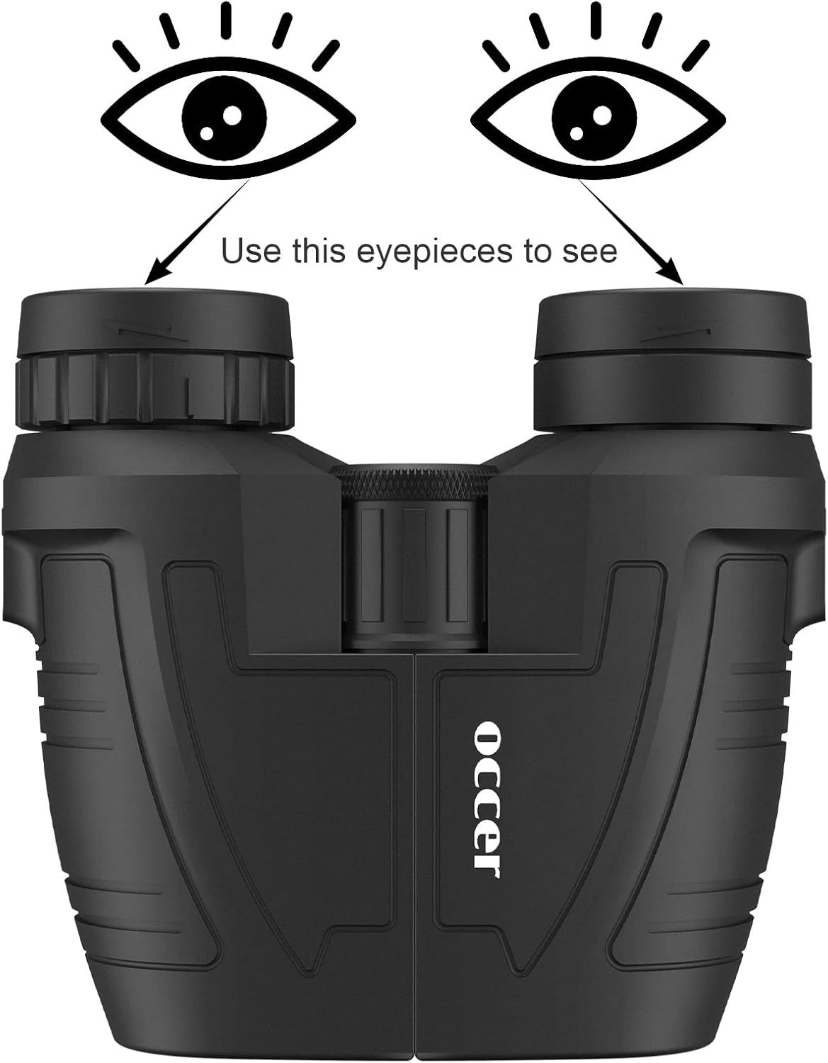 Instructs the shopper on how to properly use the binoculars by looking through the eyepieces, making the product easier to understand and use. Communicates the simple and intuitive nature of using…