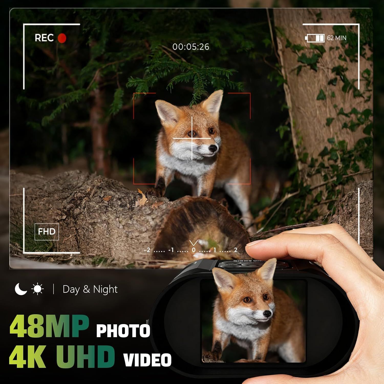 Highlights the camera's high-resolution photo and video capabilities to communicate superior image quality and recording performance. Demonstrates the camera's ability to capture clear footage in…