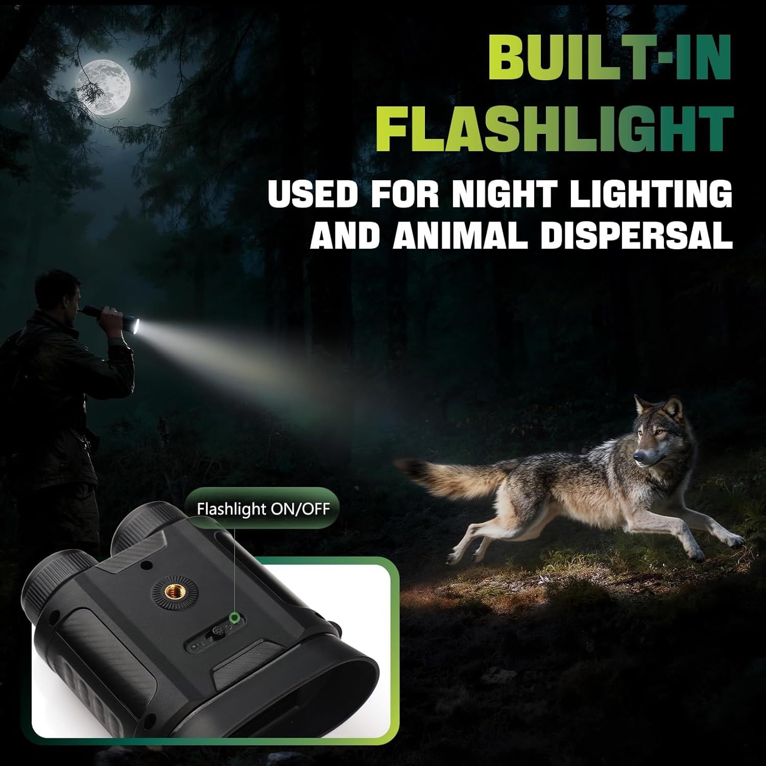 Demonstrates two distinct use cases for the built-in flashlight feature: providing illumination at night and deterring wildlife, reassuring shoppers of the product's versatility in outdoor scenarios.