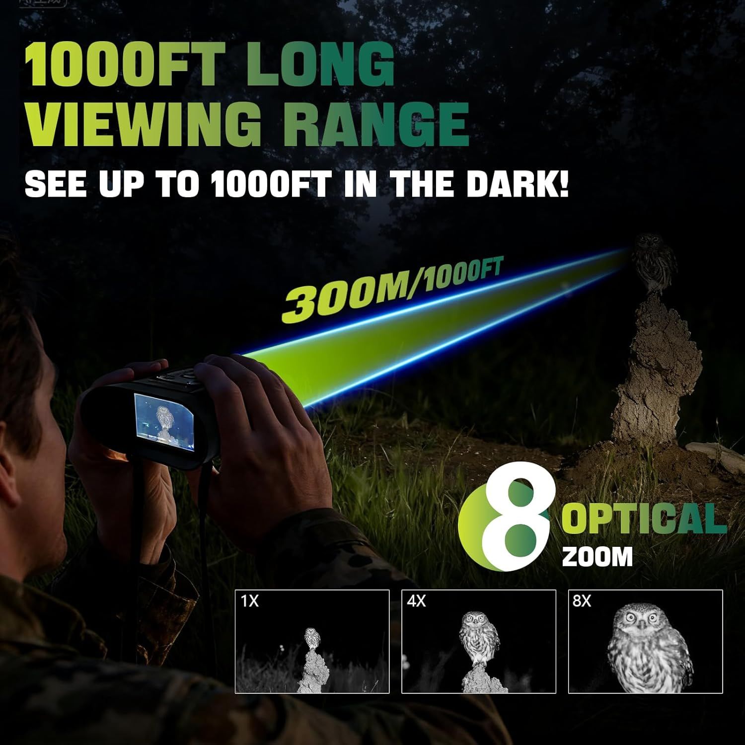 Communicates the impressive viewing range and night vision capability of the product, emphasizing its ability to see up to 1000 feet in the dark to reassure shoppers of its powerful performance.…