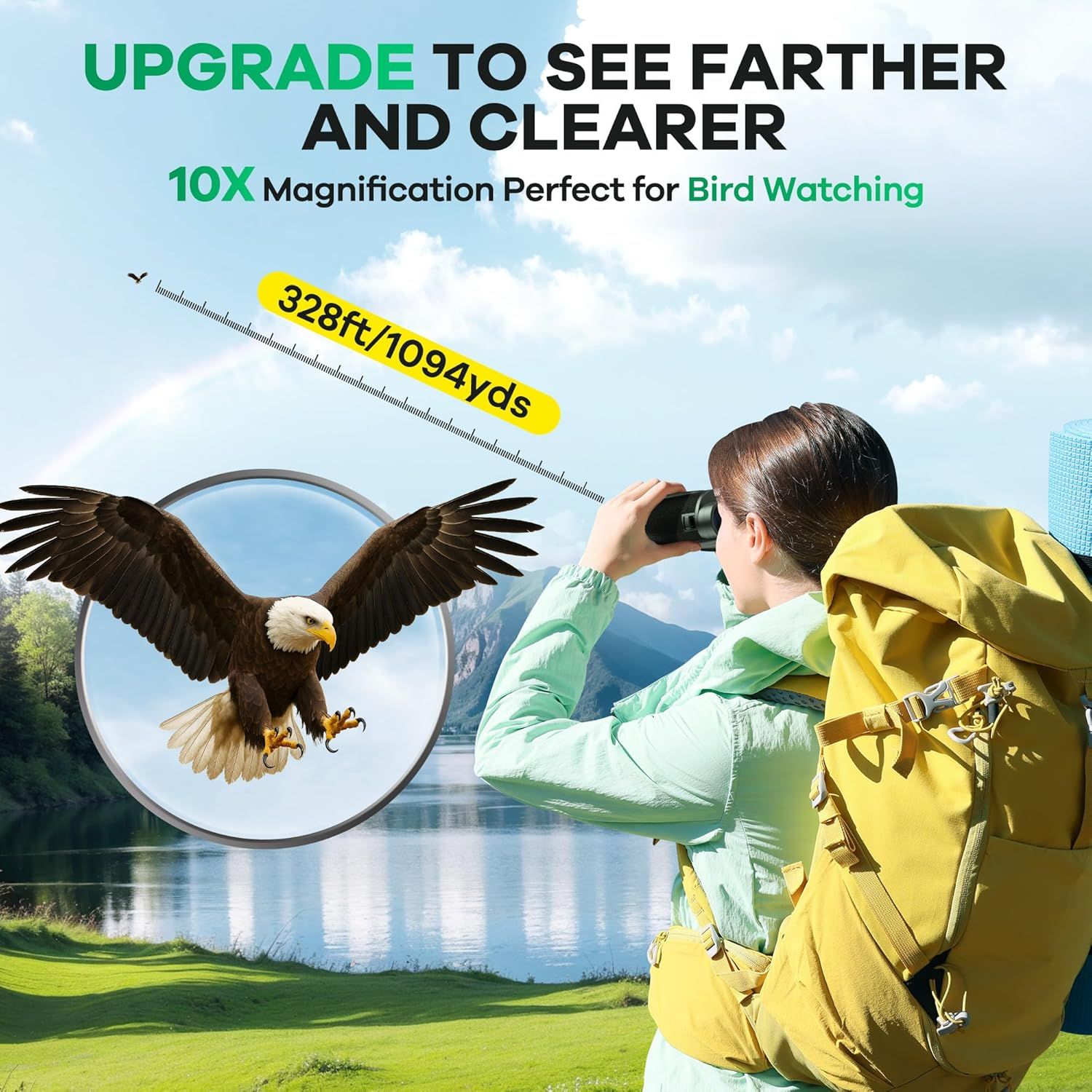 Communicates the powerful magnification capability and viewing distance to demonstrate the product's performance for bird watching and outdoor observation. Highlights the upgrade benefit of seeing…
