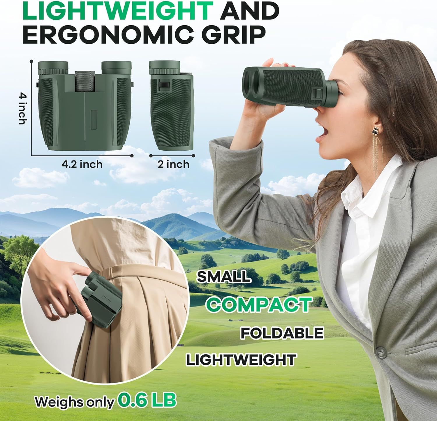 Communicates multiple key benefits of the binoculars including lightweight design, ergonomic grip, compact foldable size, and portability to reassure shoppers this product is easy to carry and…