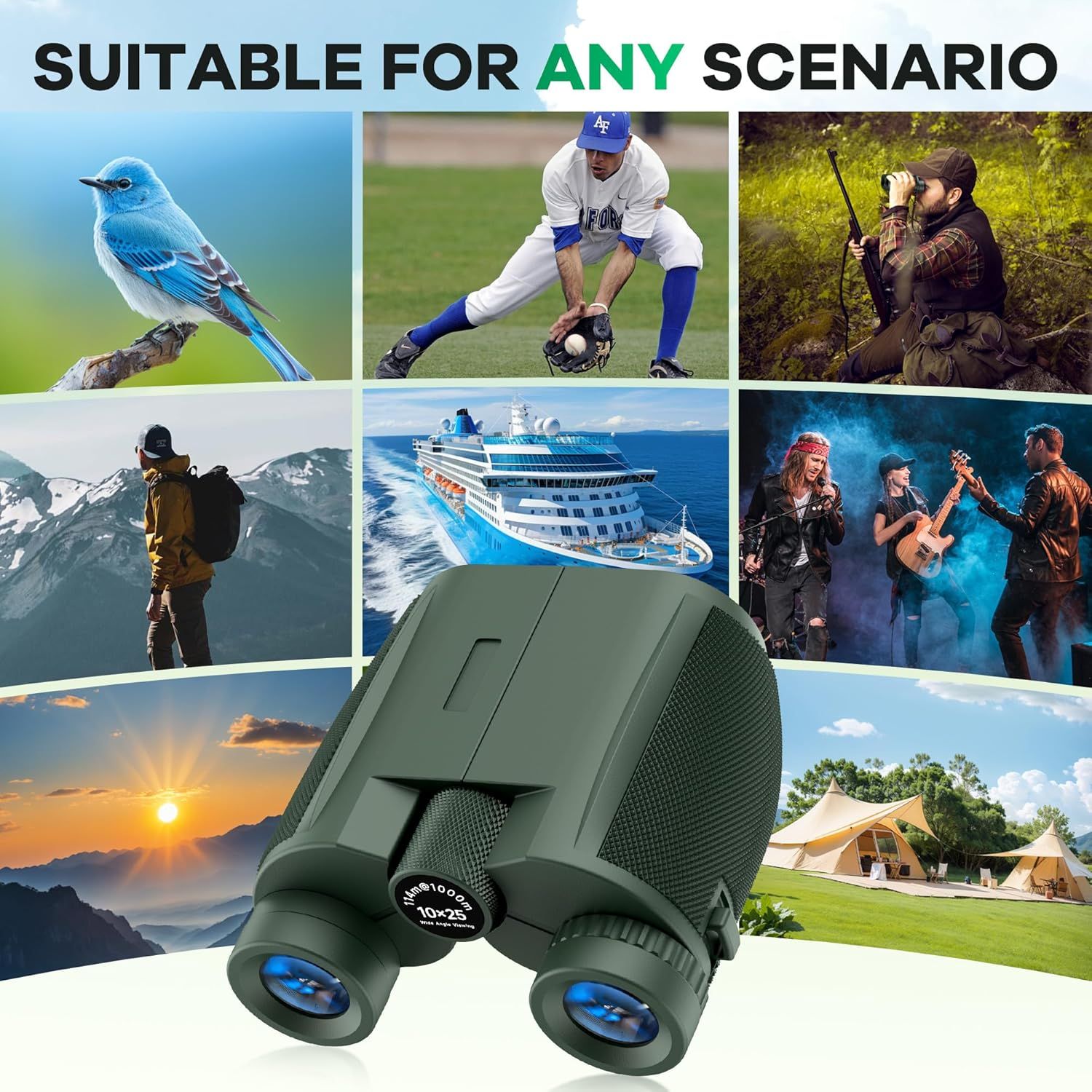 Demonstrates the binoculars can be used across many different scenarios including birdwatching, sports, hiking, cruises, concerts, and camping to emphasize versatility and broad appeal.