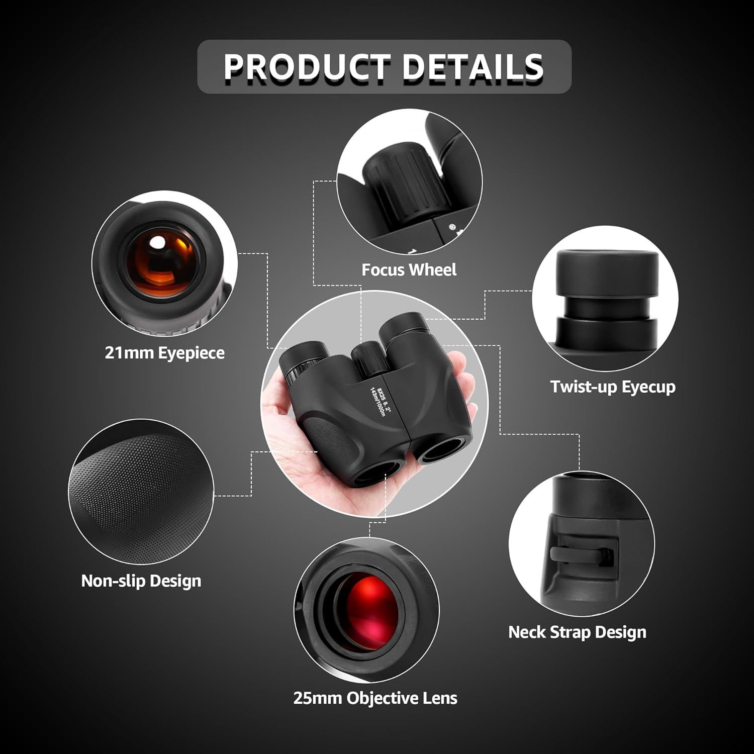 This image breaks down the binoculars by highlighting and labeling its key physical components and design features to help shoppers understand the product's construction and functional parts.
