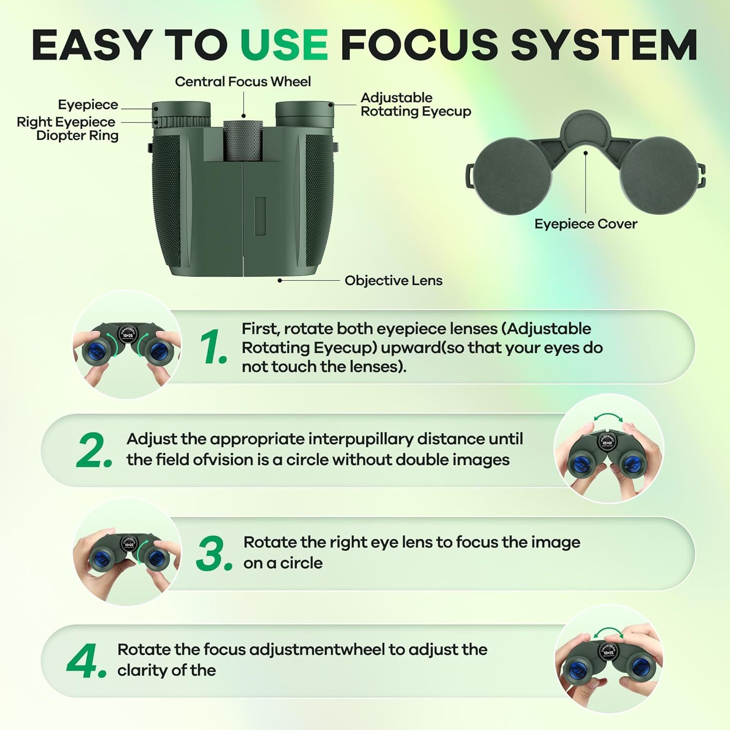 Provides step-by-step instructions on how to properly adjust and focus the binoculars for optimal viewing, helping shoppers understand the setup process. Labels and identifies the key physical parts…