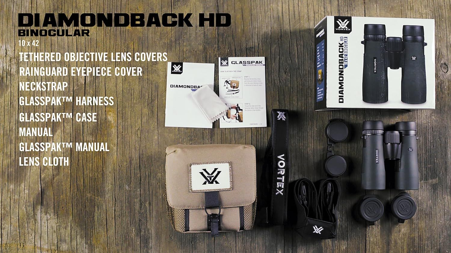 Shows everything included with the binoculars purchase to help shoppers understand the full value of the package including accessories, manuals, case, and harness system.