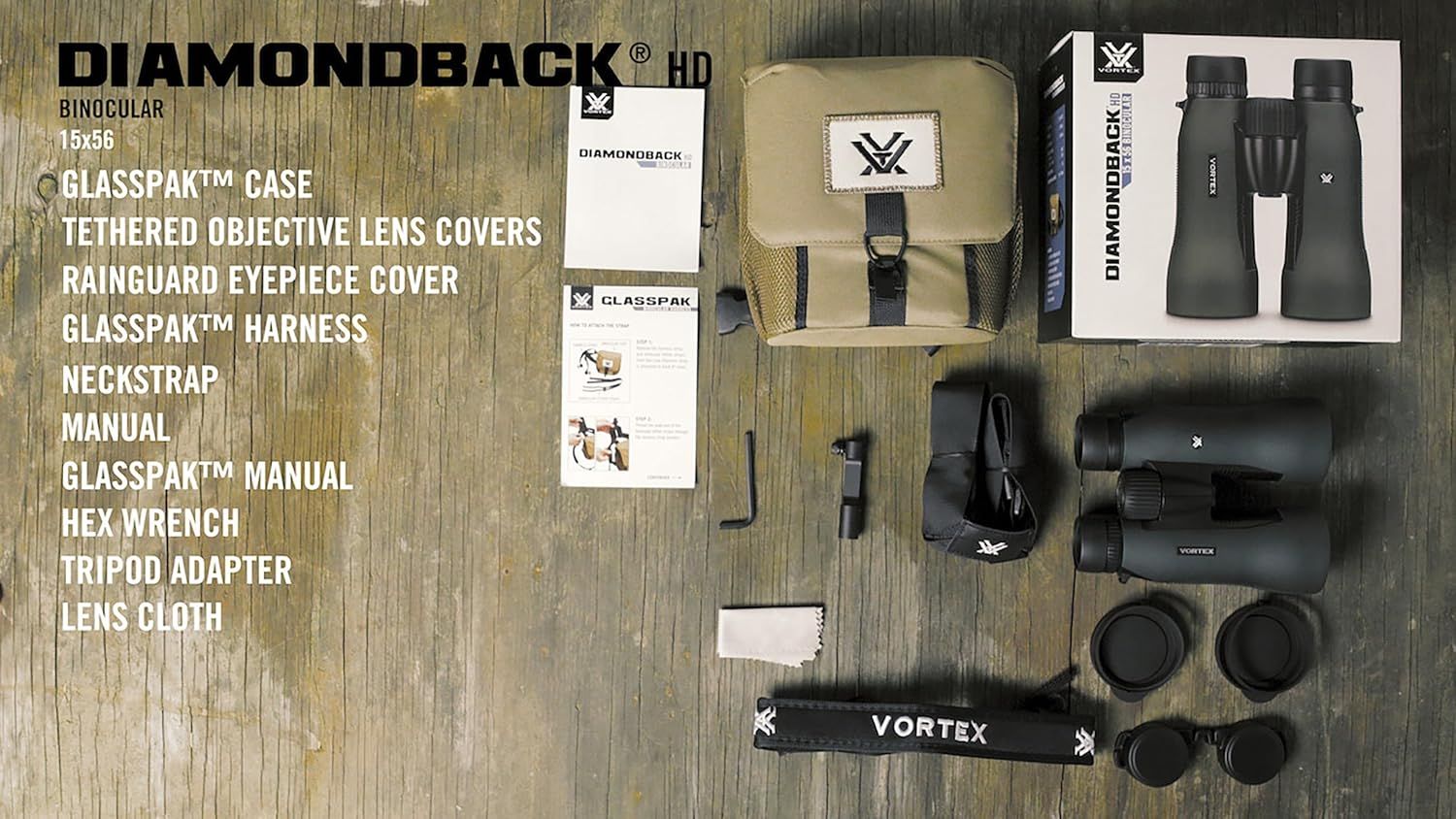 Shows everything included with the Diamondback HD binoculars to reassure shoppers they are getting a complete package with all necessary accessories.