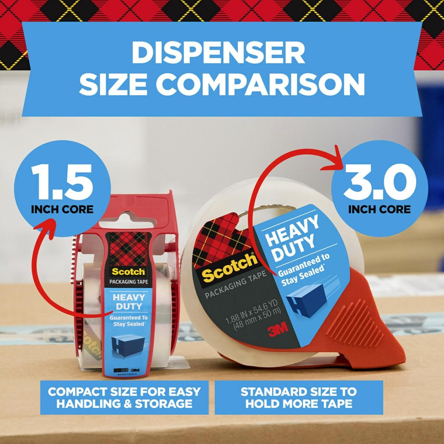 Shows the brand's two dispenser size options (1.5 inch core vs 3.0 inch core) to help shoppers choose the right product for their needs based on portability or capacity. Compares the physical core…