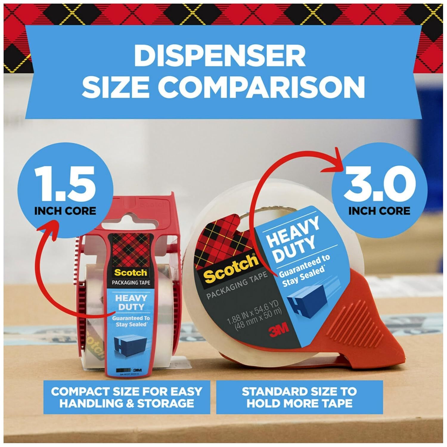 Shows shoppers the two different dispenser core sizes available in the Scotch Heavy Duty Packaging Tape product line, helping them choose between compact 1.5 inch or standard 3.0 inch options based…