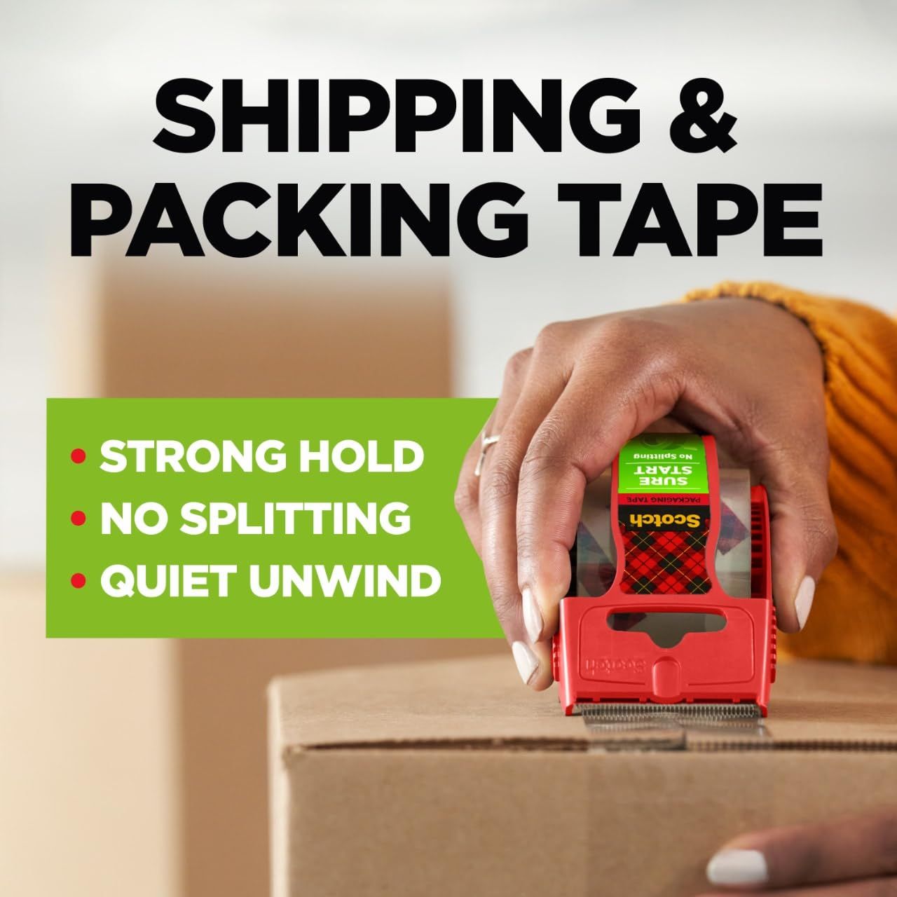 Communicates three distinct benefits of the packing tape to reassure shoppers it provides reliable performance for shipping needs.