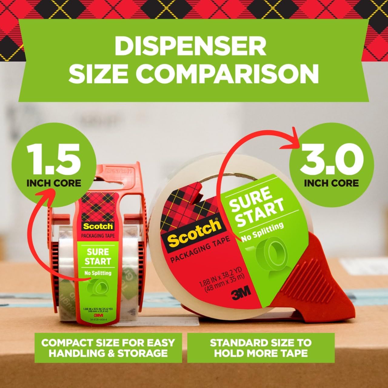 Shows shoppers the two dispenser size options available in the Scotch packaging tape product line, helping them choose between compact 1.5 inch core and standard 3.0 inch core based on their needs.