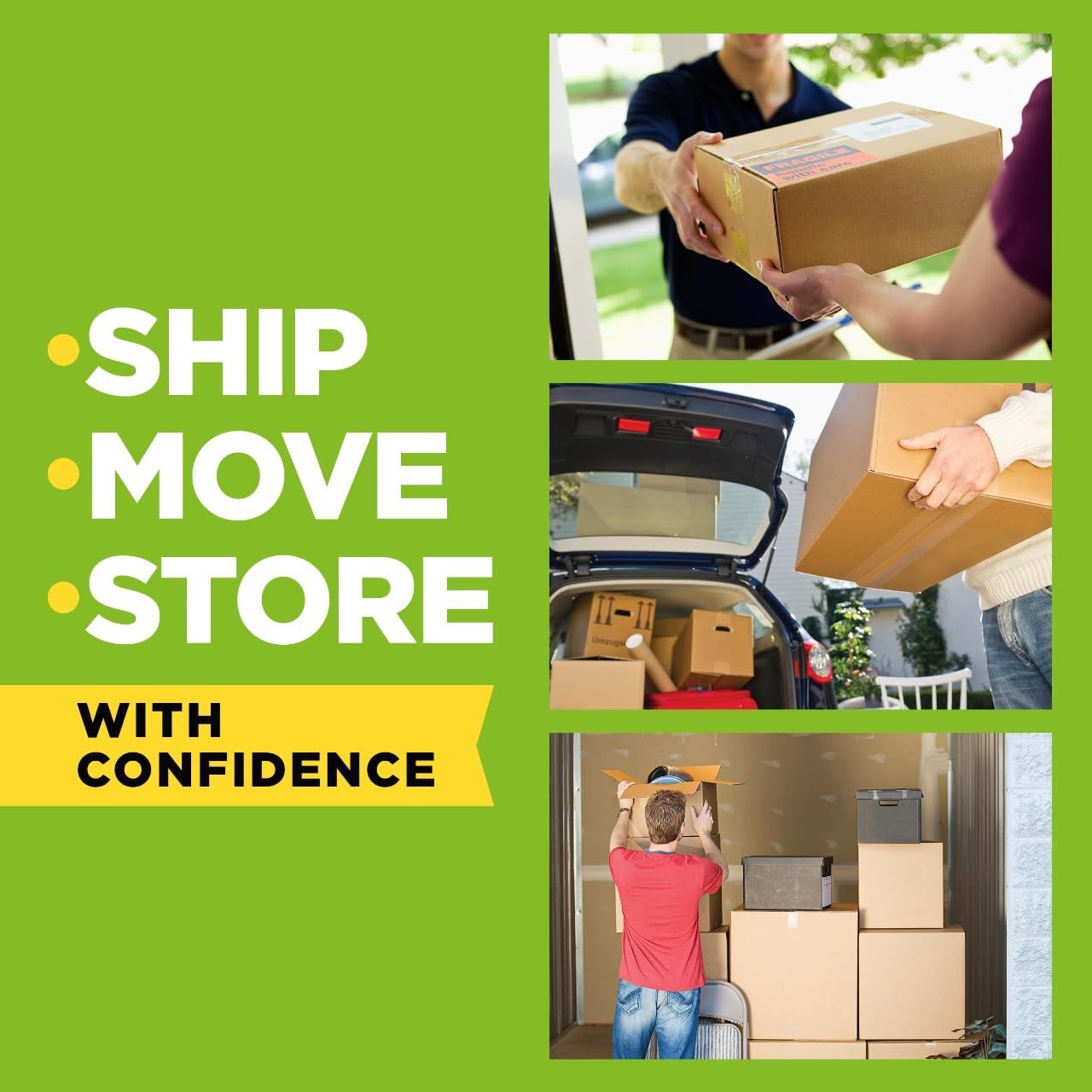 Demonstrates the versatility of the product by showing three distinct use scenarios: receiving packages, loading items into a vehicle, and organizing boxes in storage.