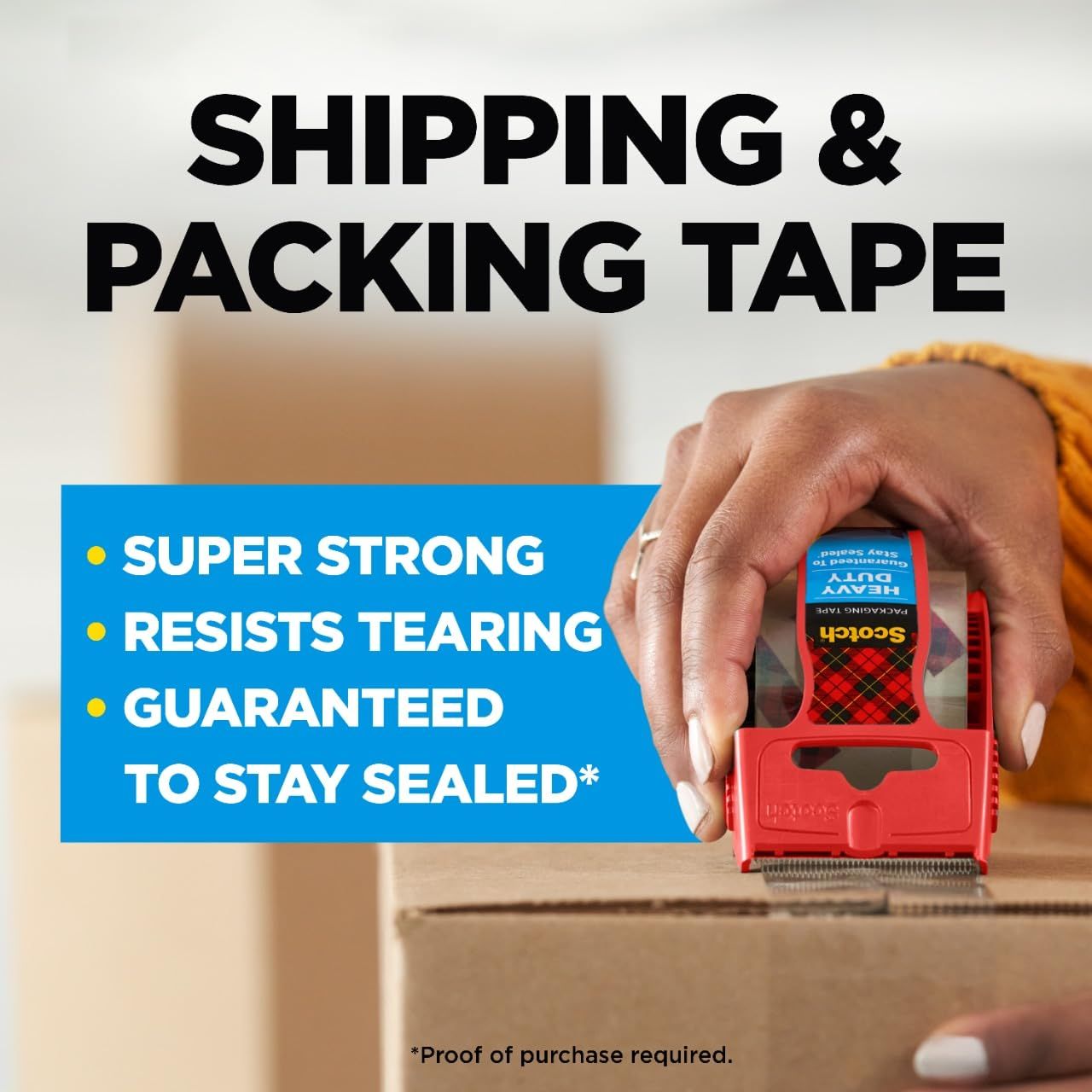 Communicates multiple key benefits of the packing tape in a bulleted list format to reassure shoppers of its strength, durability, and reliability for shipping needs.