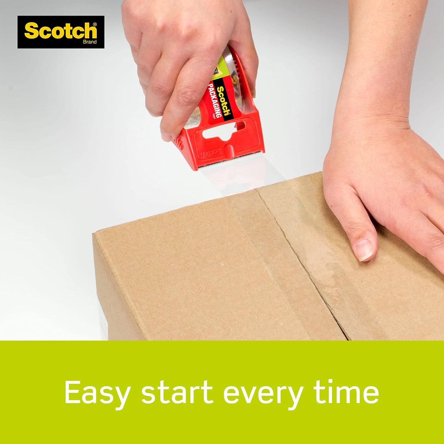 Demonstrates how easy it is to start using the Scotch packaging tape dispenser, reassuring shoppers that the product is user-friendly and convenient. Highlights the ease of use benefit with a simple…
