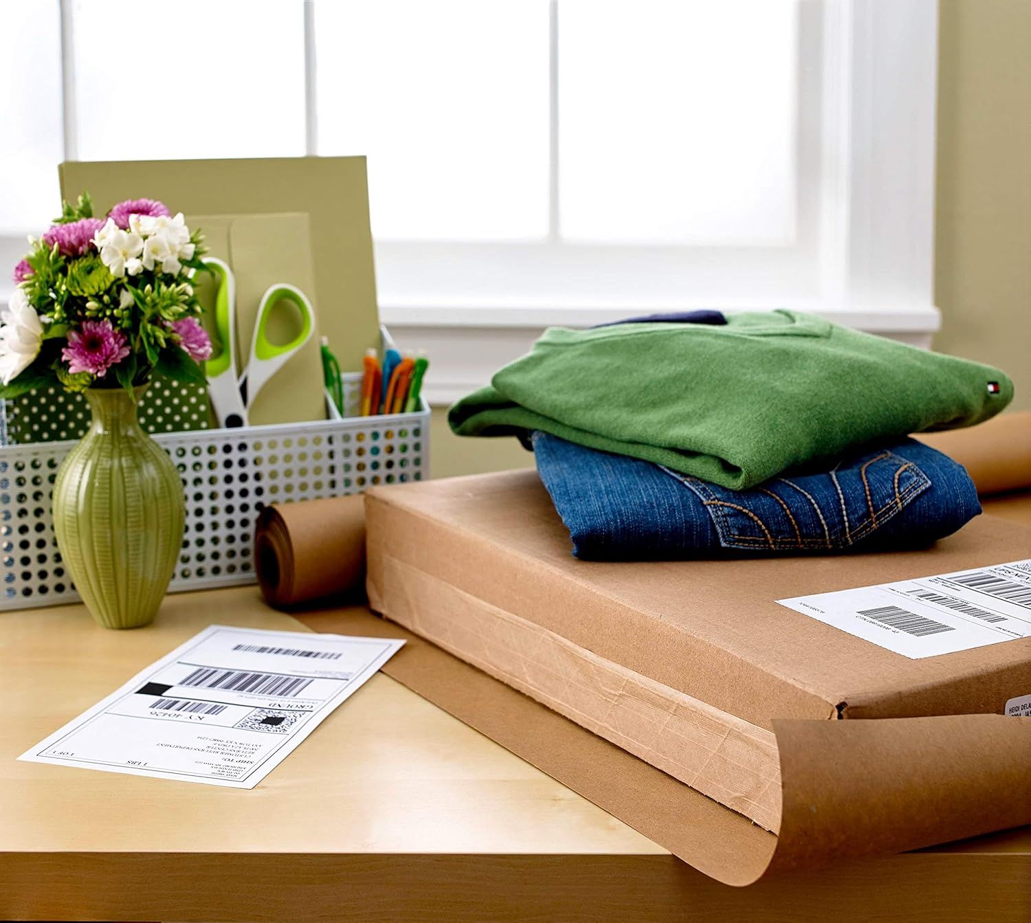 Shows the product in a real-world shipping and packaging context to help shoppers visualize receiving their order in a home or office setting.