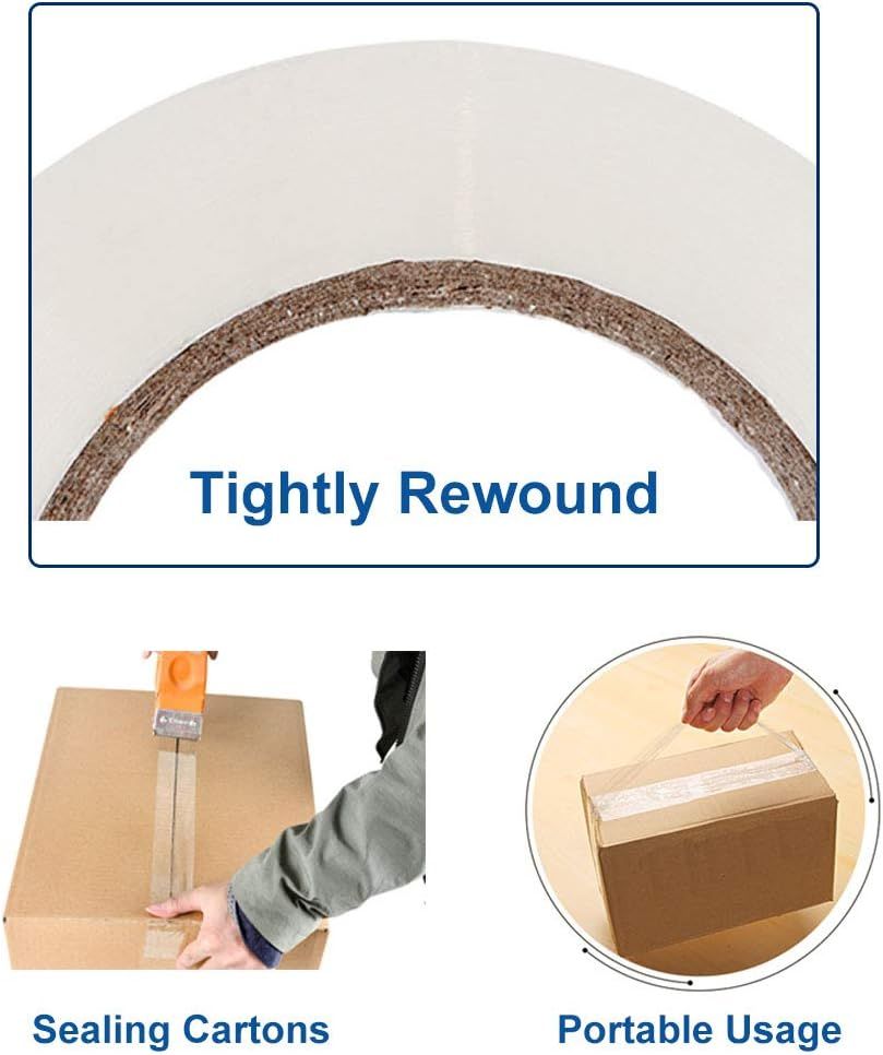 Showcases three distinct benefits of the packing tape in a segmented layout: the tight rewound construction, its effectiveness for sealing cartons, and its portable ease of use.