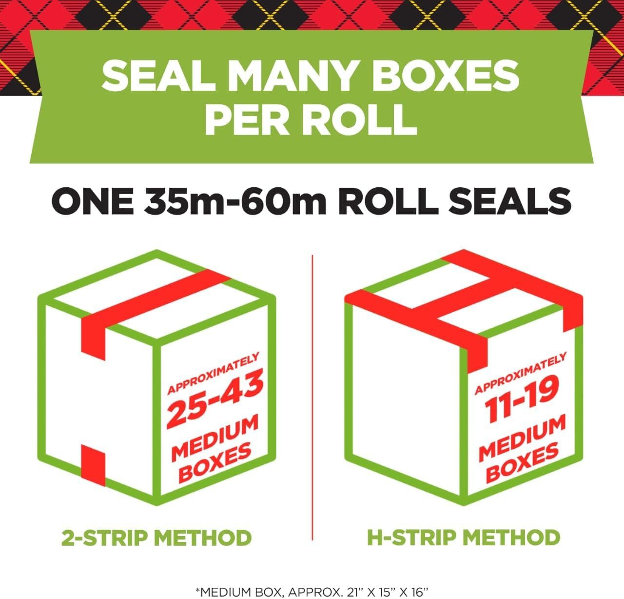 Communicates the quantifiable sealing capacity of the product by showing how many medium boxes can be sealed per roll using different methods, helping shoppers understand the product's efficiency…
