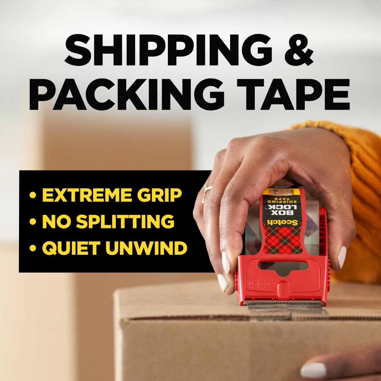 Communicates three distinct benefits of the packing tape to reassure shoppers it provides superior performance for shipping and packing needs.