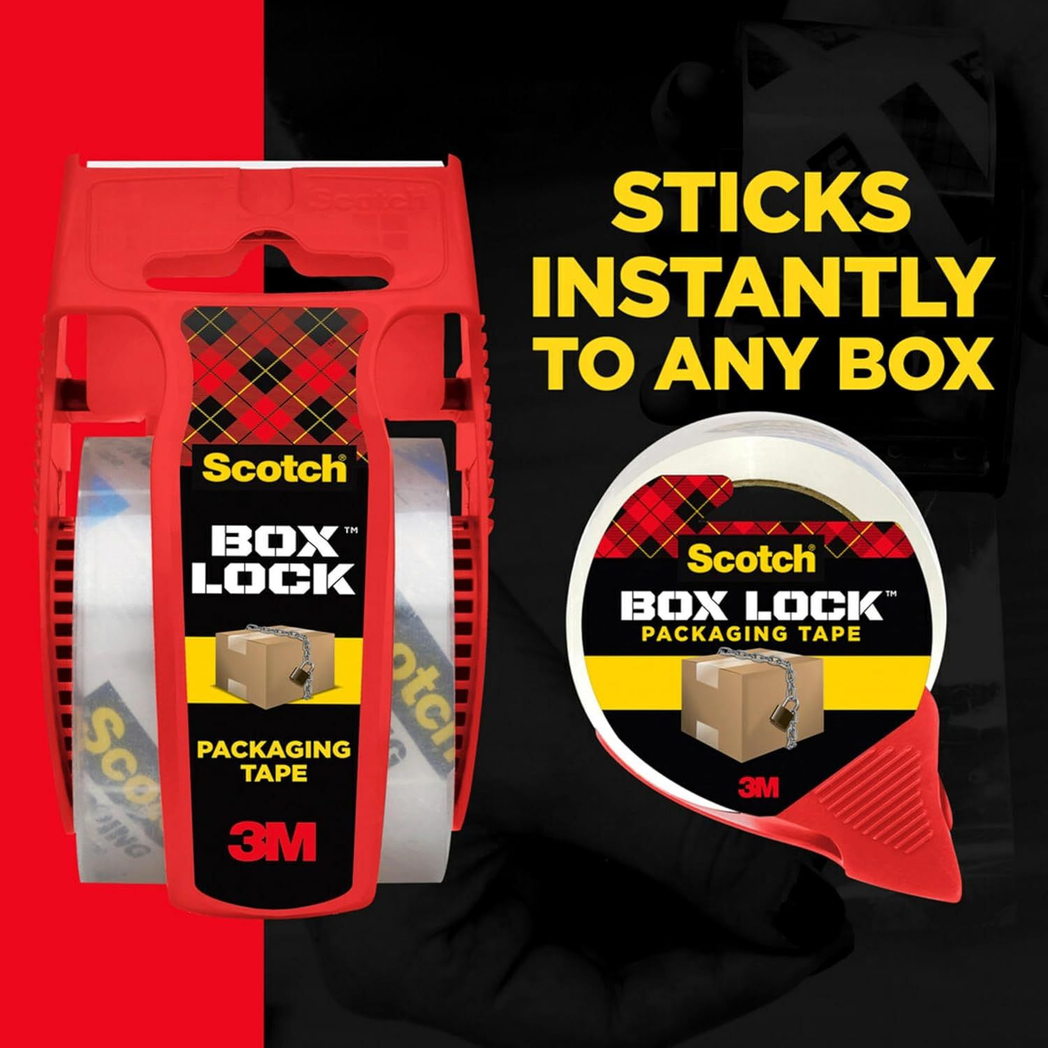 Communicates that the packaging tape sticks instantly to any box, emphasizing ease of use and reliability for sealing packages.