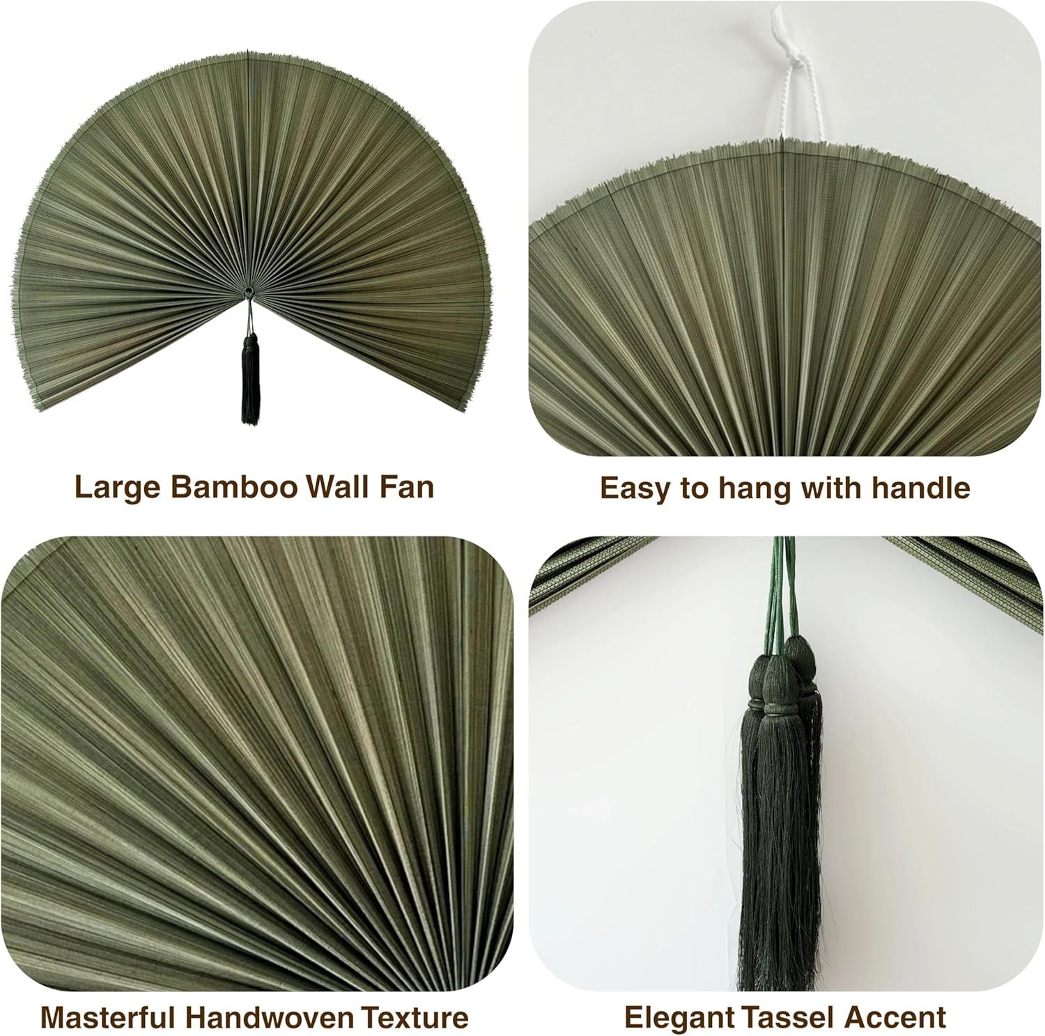 Showcases multiple distinct benefits of the bamboo wall fan including its large size, ease of hanging with handle, handwoven craftsmanship, and decorative tassel detail to communicate overall…