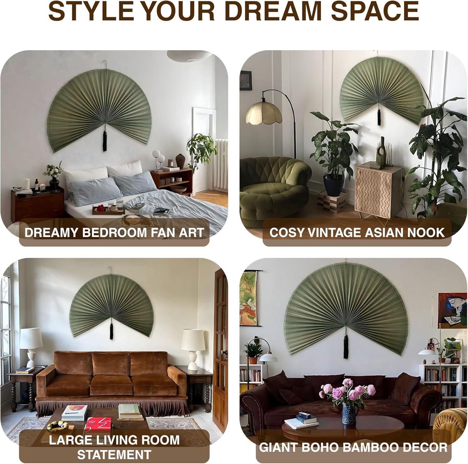 Demonstrates the product's versatility by showing it styled in four different room settings to help shoppers visualize how it can work in various spaces.