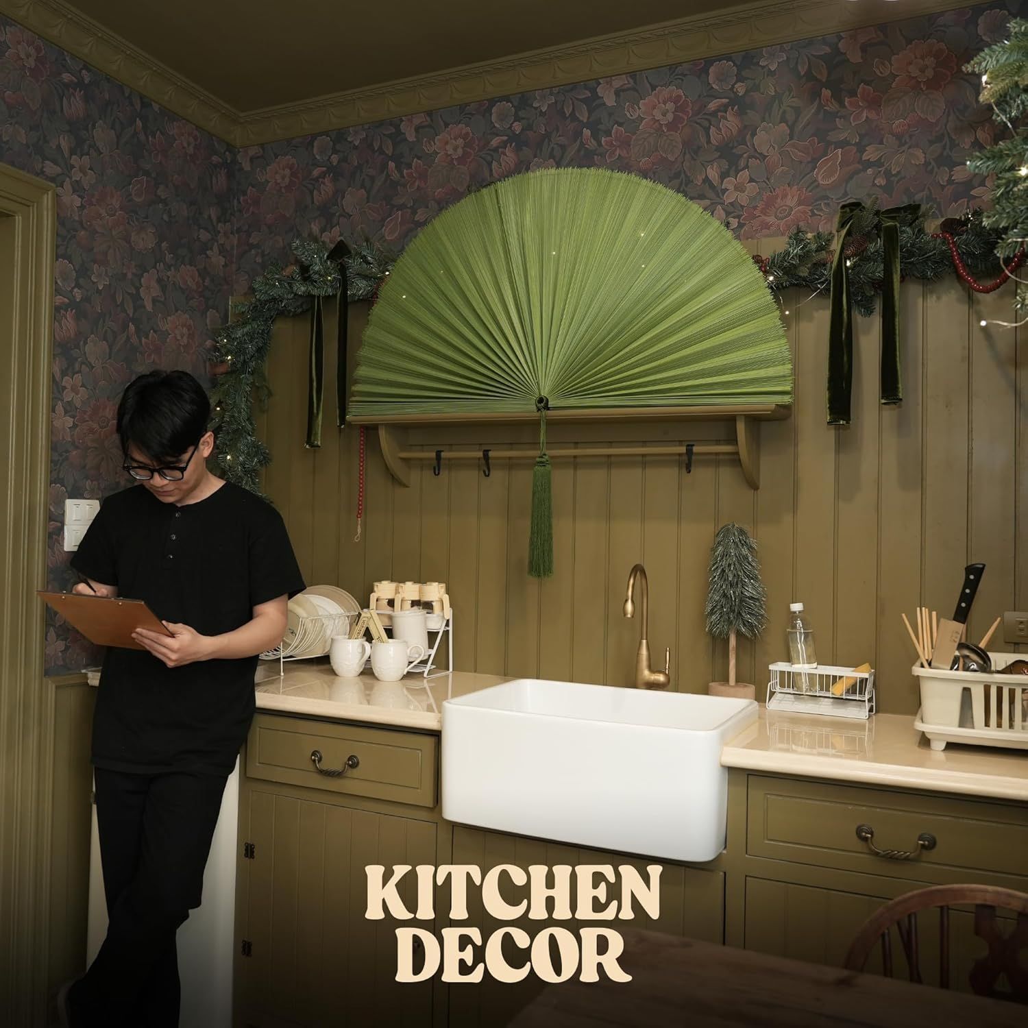 Demonstrates the product being used in a kitchen setting to show its practical application as decorative window covering and home decor. Highlights the product as an attractive kitchen decor…