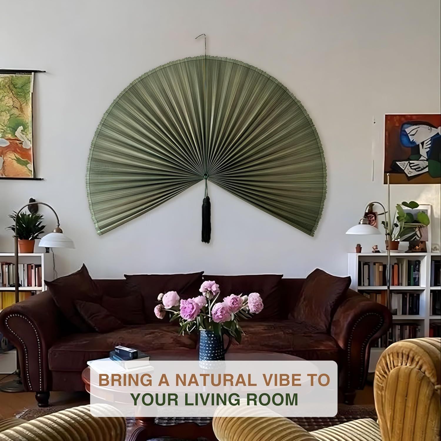 Demonstrates the product as a decorative wall piece in a real-world living room setting to help shoppers visualize how it enhances home aesthetics with a natural vibe.