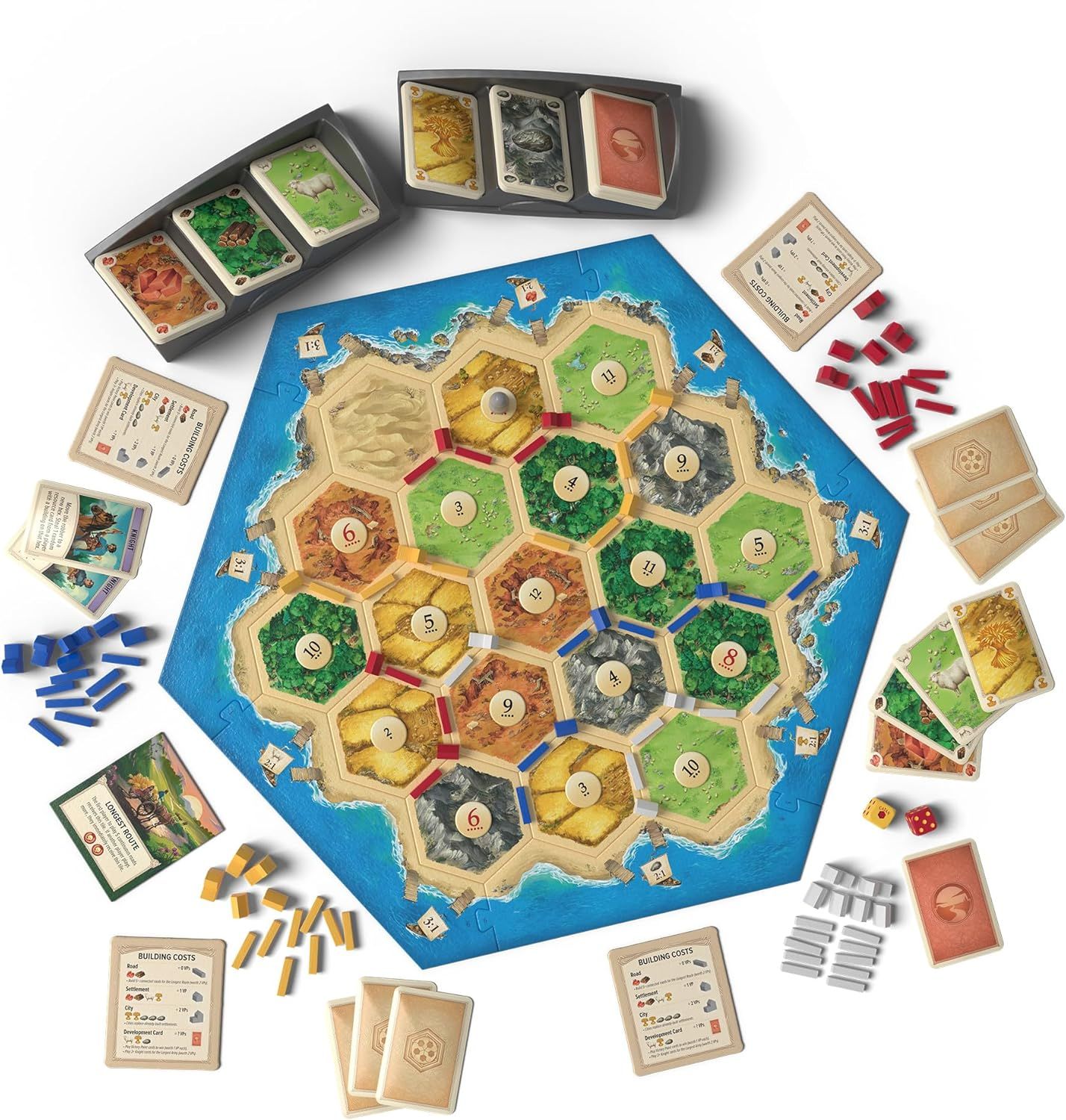 Shows all the components included in the board game package, including the game board, cards, resource pieces, dice, and player pieces, to help shoppers understand the complete contents they will…