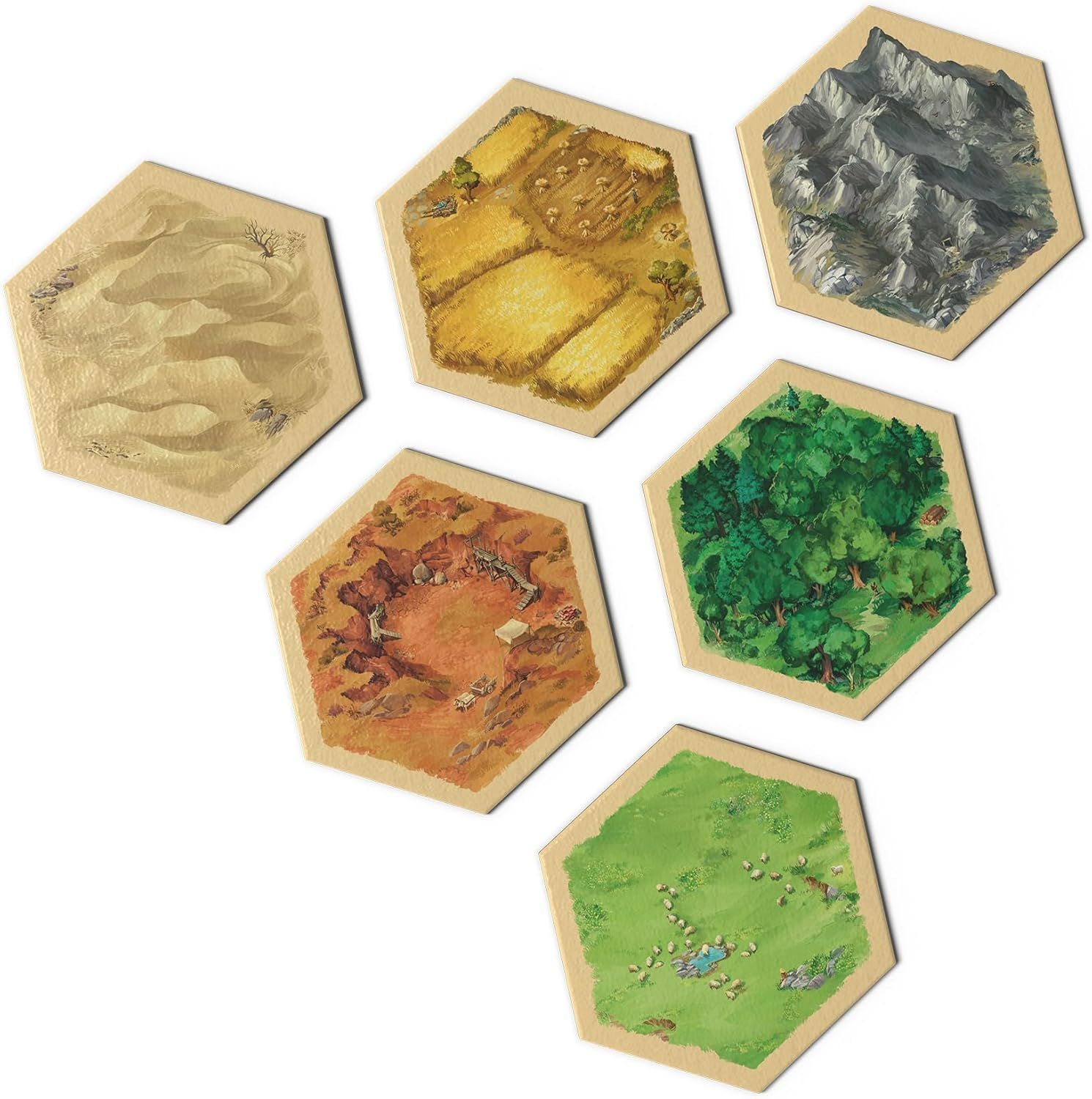 Shows all the hexagonal terrain tiles included in the game set, demonstrating the variety of landscapes (desert, farmland, mountains, forest, pasture, clay) that customers receive with their purchase.