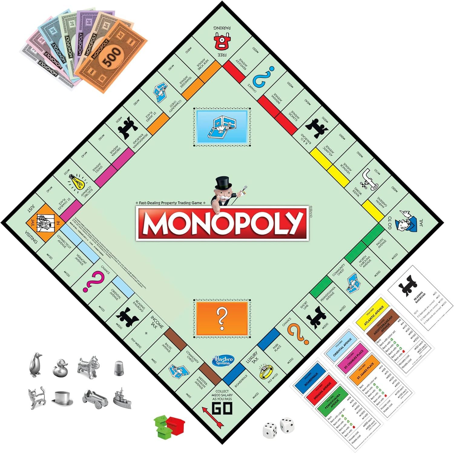 Shows all components included in the Monopoly game package to help shoppers understand the complete contents they will receive and reassure them of the product's completeness and value.