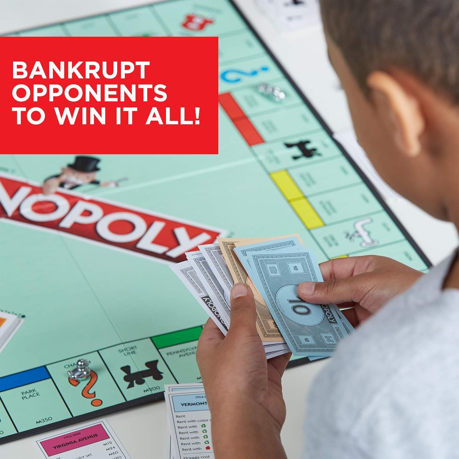 Communicates the strategic advantage and winning potential of the Monopoly game to appeal to competitive players and families looking for engaging entertainment.