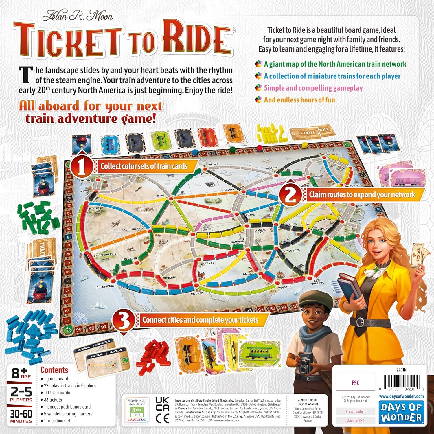 This image showcases multiple distinct features and benefits of the Ticket to Ride board game in a segmented layout with numbered callouts, highlighting the game's map, gameplay mechanics, and…