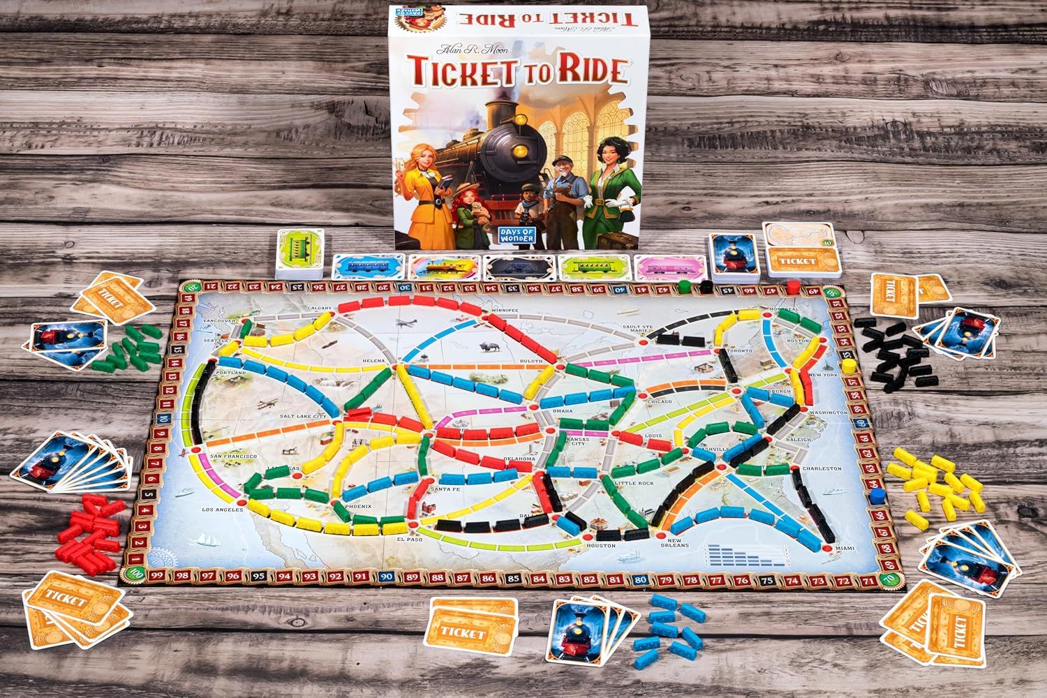 Shows all the components included in the Ticket to Ride board game package, helping shoppers understand the complete contents they will receive and the value of the purchase.