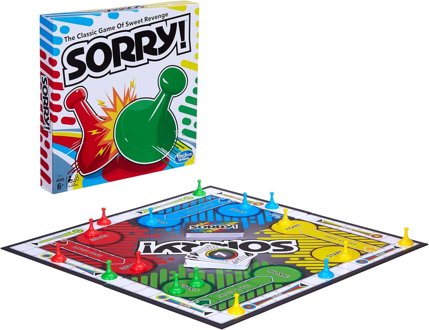 Shows shoppers everything included in the box—the game board, colored pawns, and card deck—to help them understand the complete package they're purchasing.