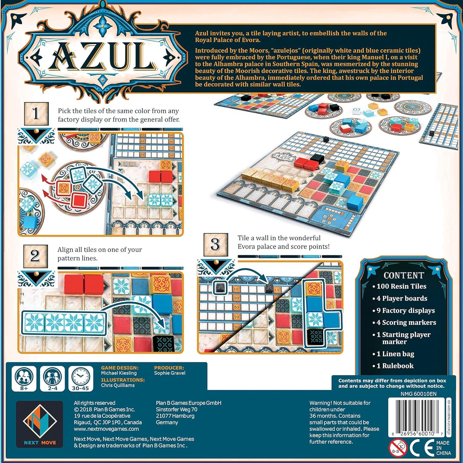 This image provides step-by-step instructions on how to play the Azul board game, showing shoppers the three main gameplay steps (pick tiles, align tiles, tile a wall) to help them understand the…