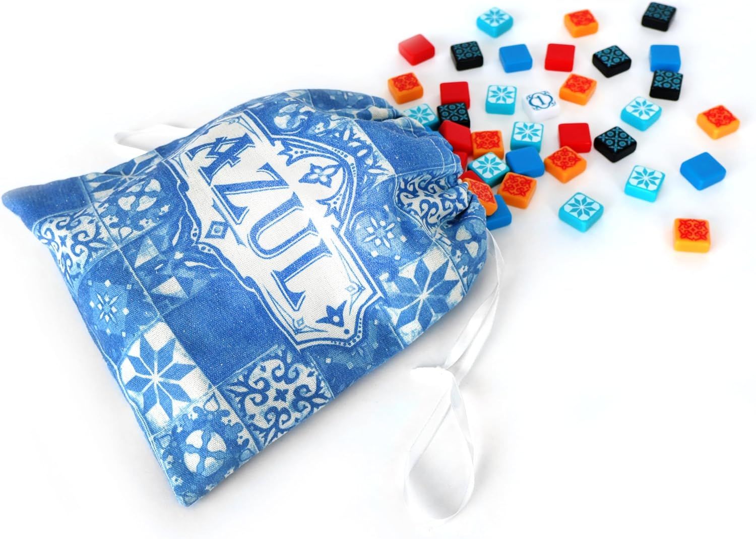 Shows everything included with the purchase—a decorative storage bag and colorful game pieces—to help shoppers understand the complete package they'll receive.