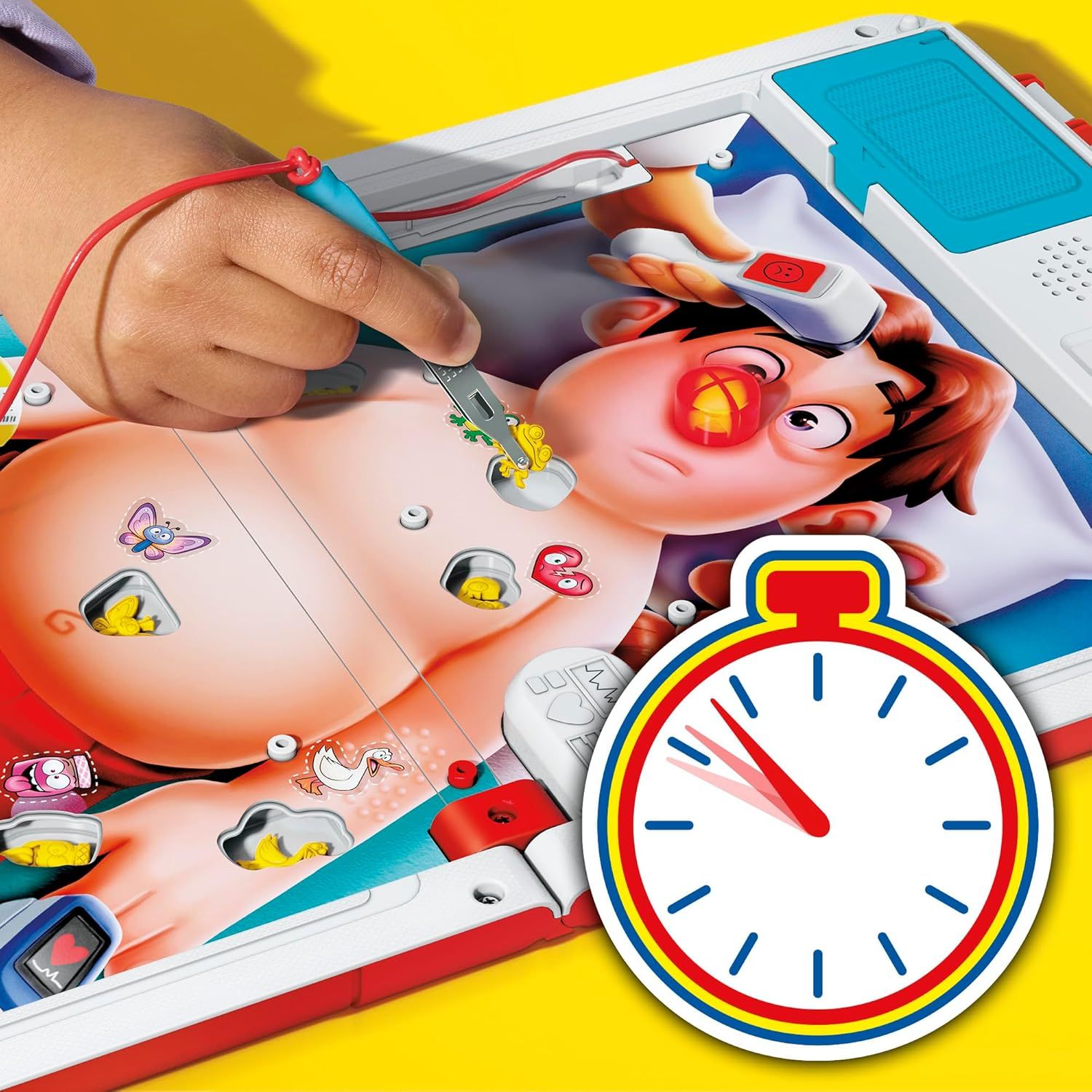 Demonstrates how to play the game by showing a child's hand using the electronic tool to interact with the game board, helping shoppers understand the interactive gameplay mechanics. Highlights the…