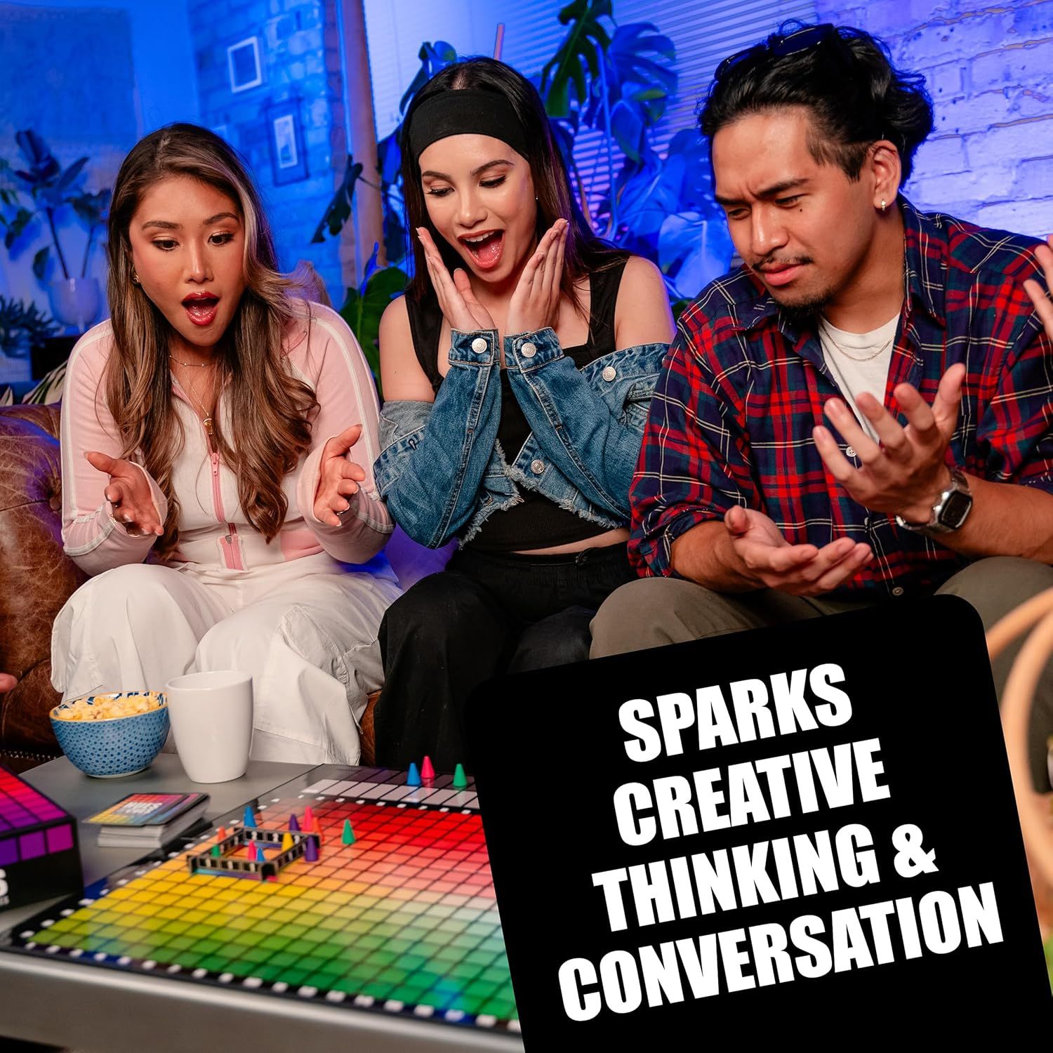 Shows real people enjoying the product in a casual, relatable setting to build trust and demonstrate that the product sparks fun, creative interactions among friends.