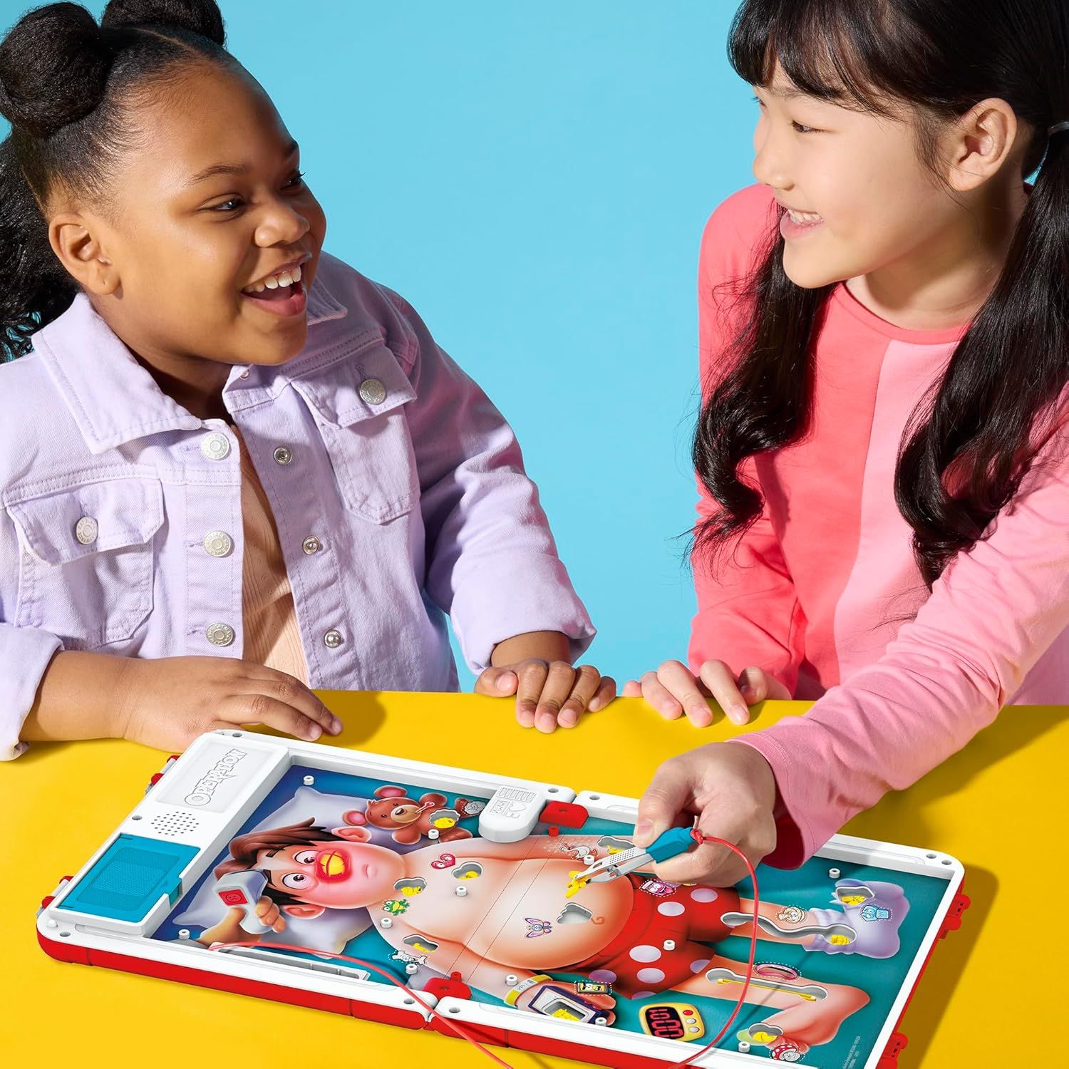 Demonstrates the product in a real-world play scenario with two children enjoying the game together, emphasizing the social and interactive nature of the toy.