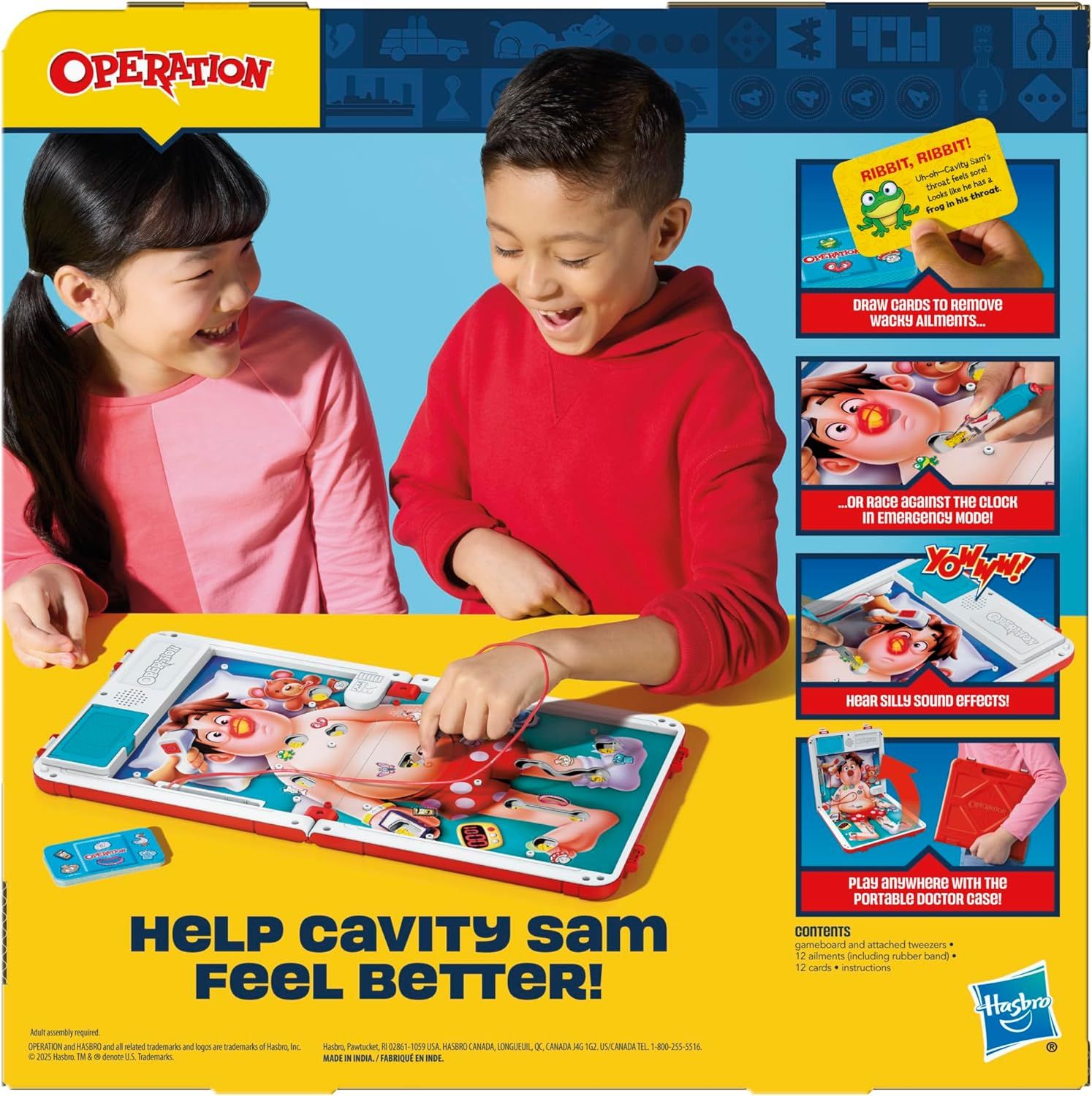 Showcases multiple distinct gameplay features and benefits of the Operation game in a segmented layout to demonstrate variety and entertainment value.
