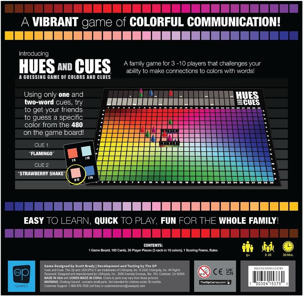 Explains how the game works by showing the board layout, clue cards, and the core mechanic of using two-word clues to help players guess specific colors from the 480-color grid.