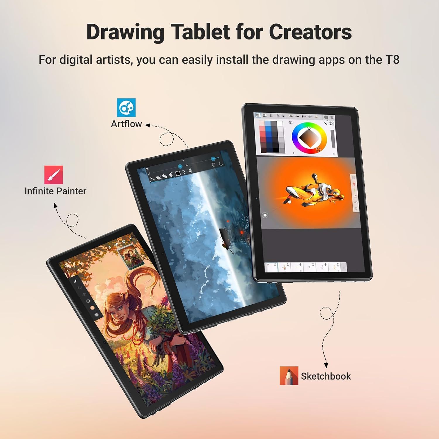 Demonstrates the tablet's compatibility with multiple professional drawing applications (Artflow, Infinite Painter, Sketchbook) to reassure digital artists that the T8 tablet supports their…