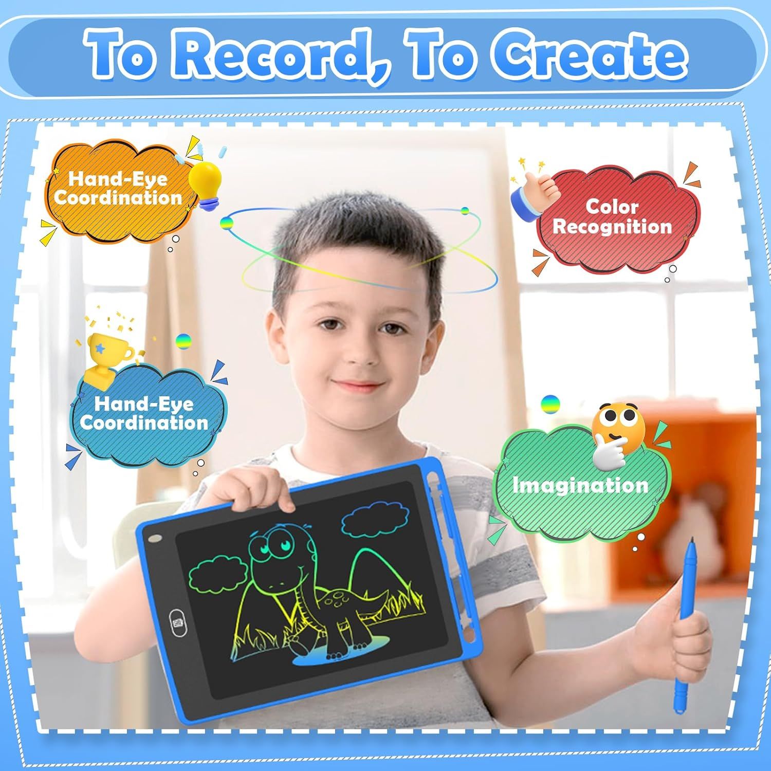 Communicates multiple developmental benefits of the drawing tablet for children, showing how it helps build coordination, color recognition, and creative imagination skills.