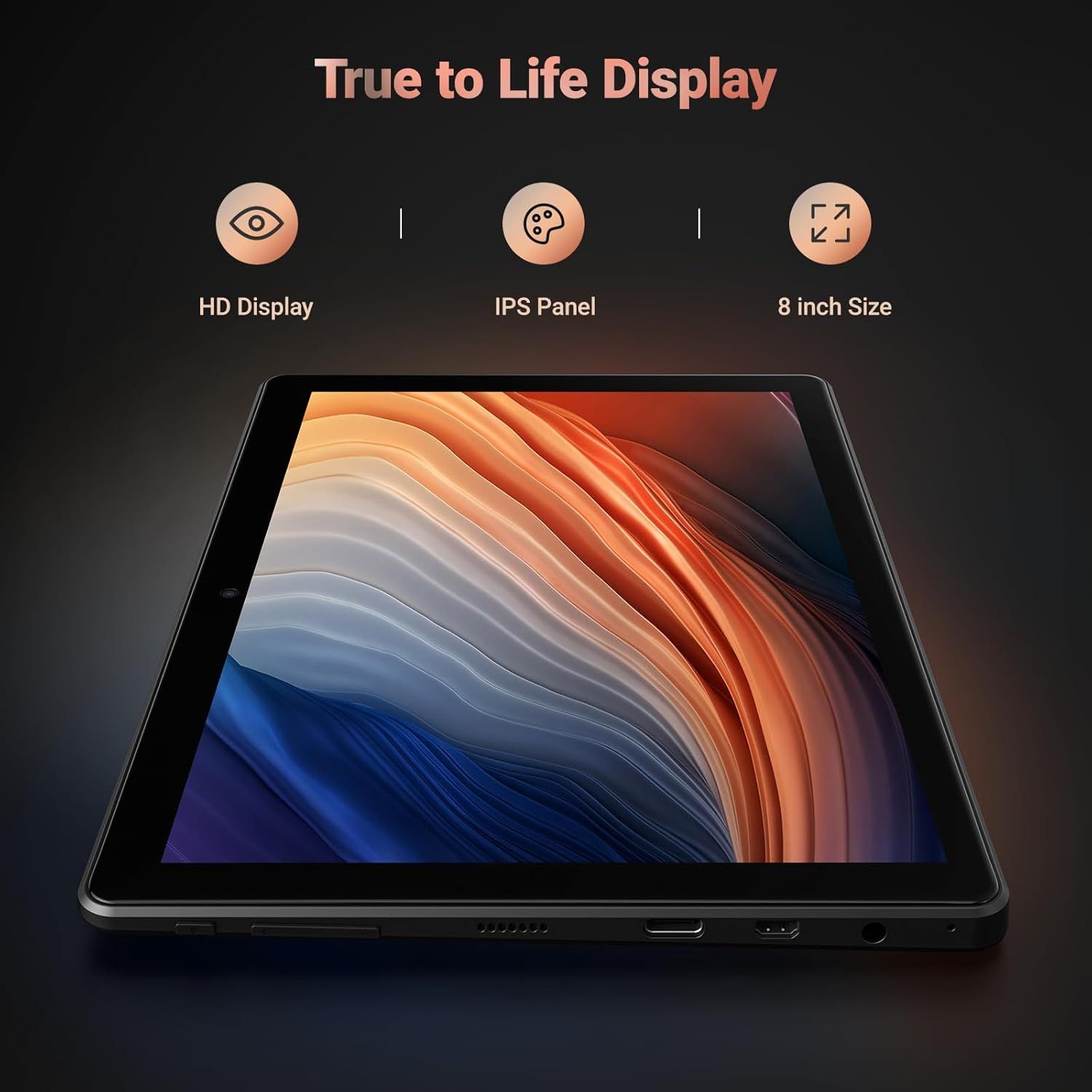 Communicates three distinct display specifications (HD quality, IPS panel technology, and screen size) to help shoppers understand the tablet's visual capabilities and physical dimensions.