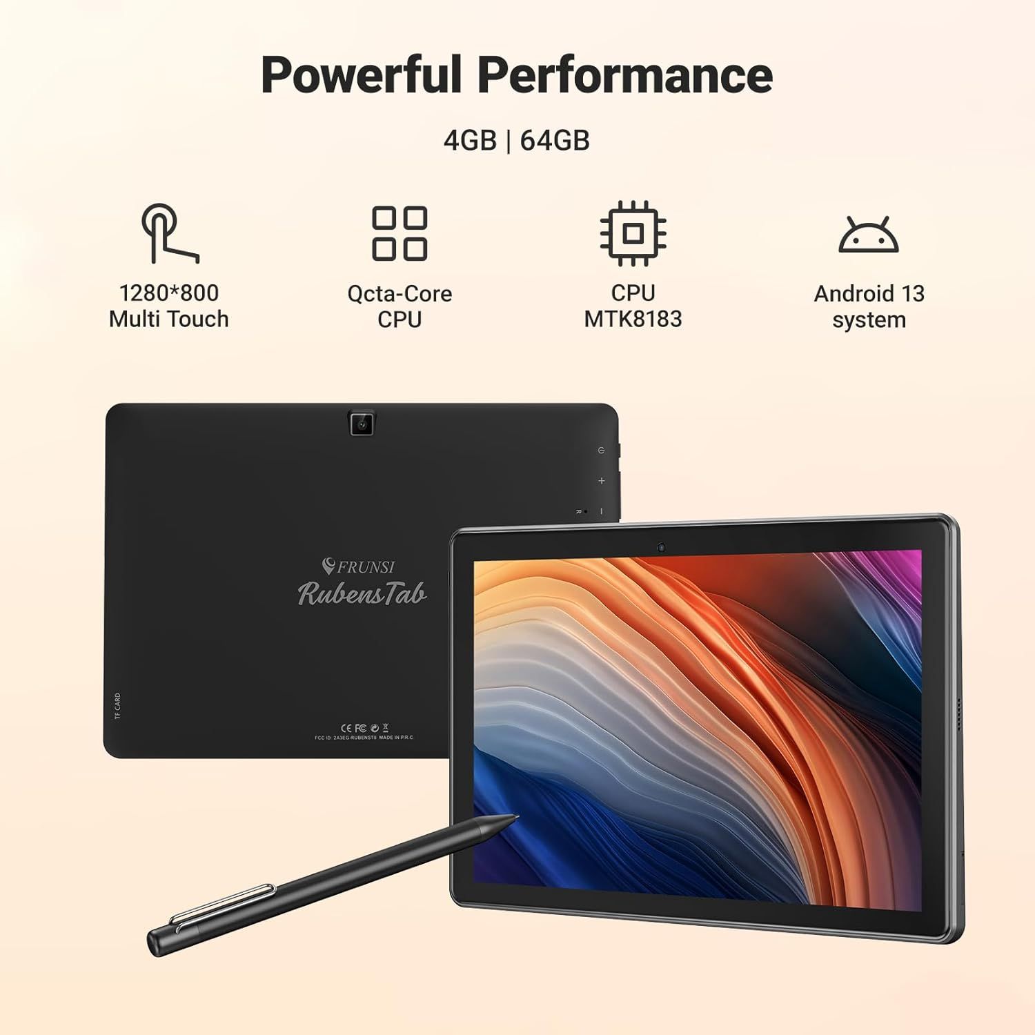 Communicates the tablet's powerful technical specifications across multiple performance dimensions to reassure shoppers of its capability and value.