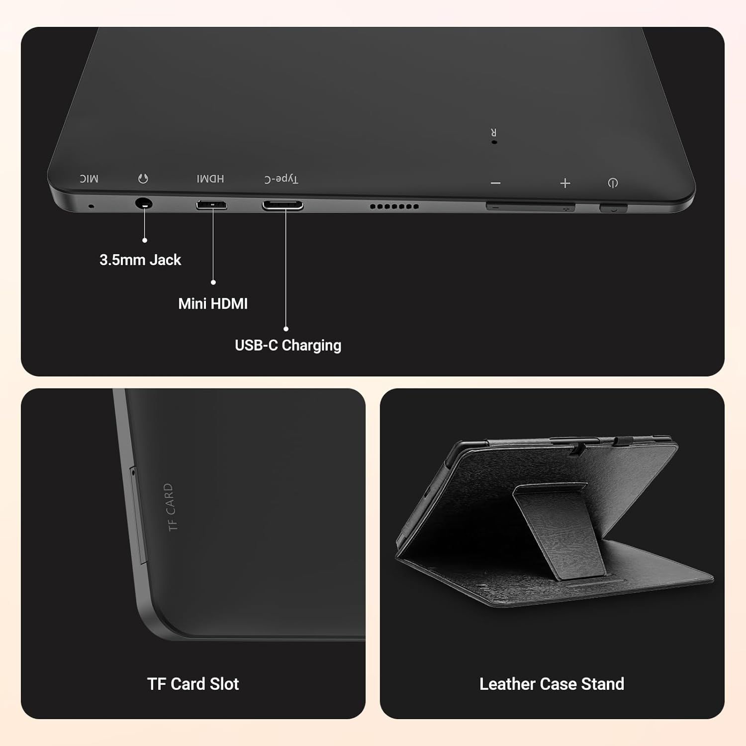 This image breaks down the physical components and features of the tablet device, showing shoppers exactly where key ports and accessories are located to help them understand the product's…