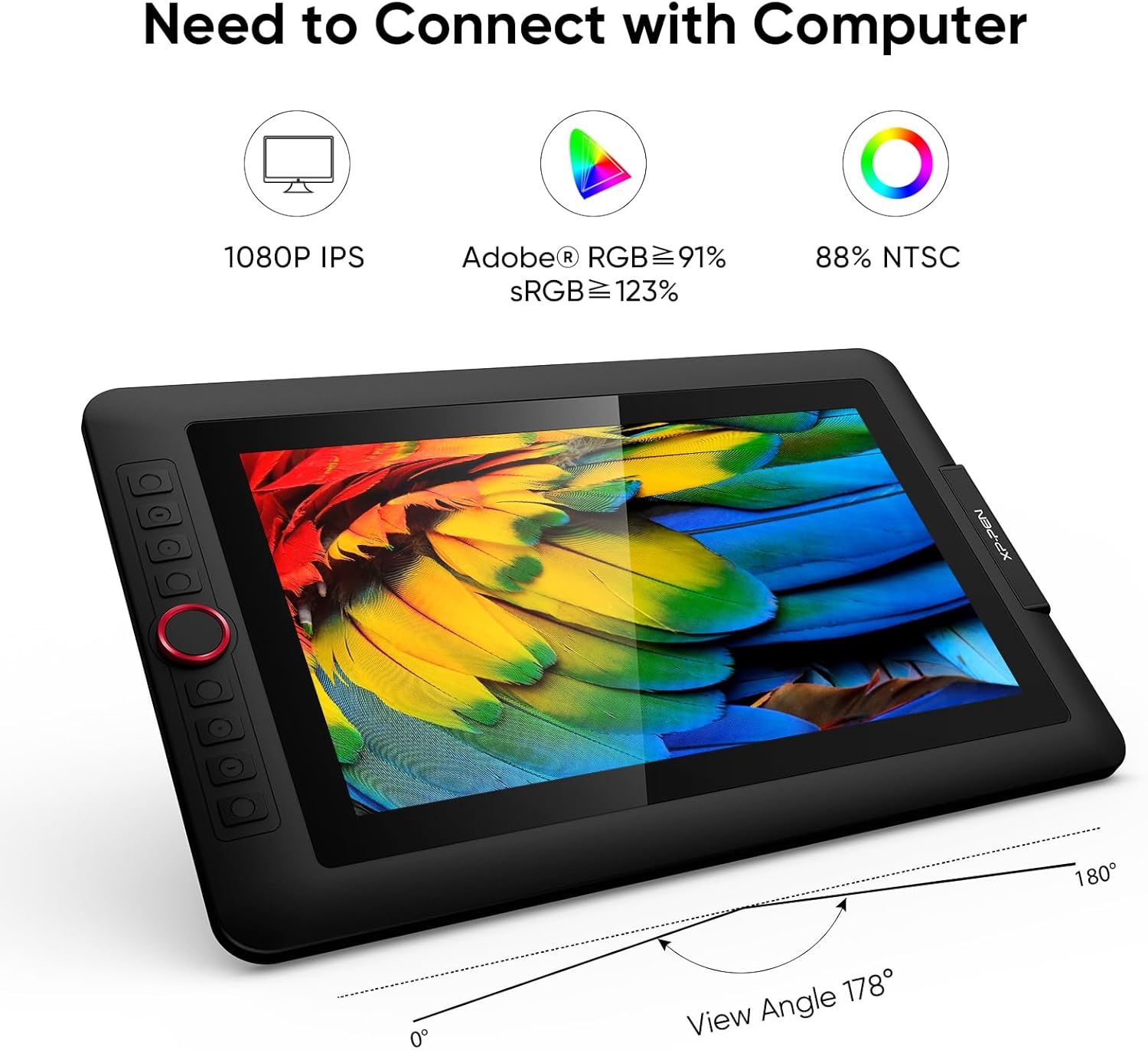 Communicates multiple technical specifications and benefits of the drawing tablet display, including resolution, color accuracy metrics, and viewing angle to reassure professional users of its…