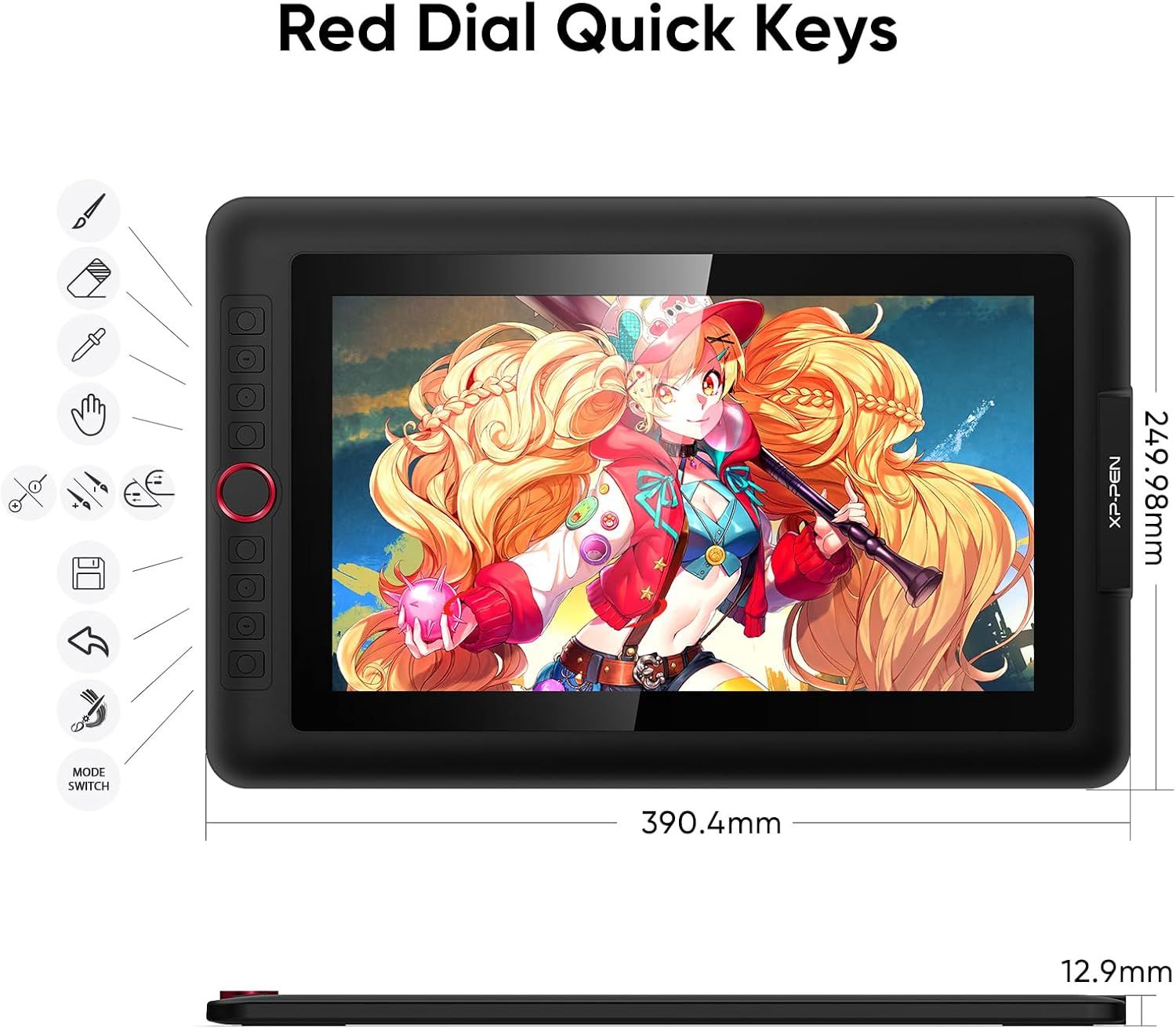 Communicates the exact physical dimensions of the drawing tablet (390.4mm width, 249.98mm height, 12.9mm thickness) to help shoppers understand the size and portability of the device. Highlights the…